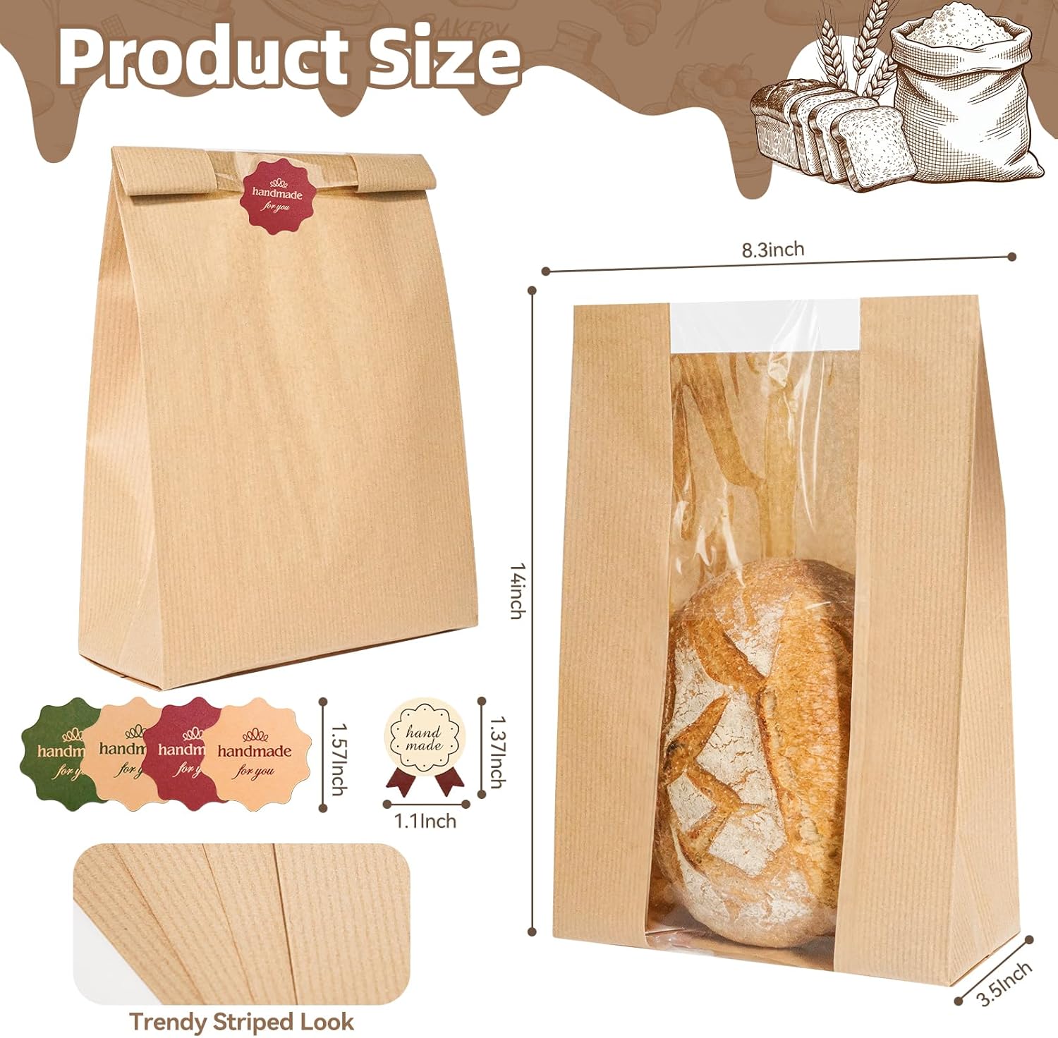 Funcoo Sourdough Bread Bags, 200 Pcs Paper Bread Bags for Homemade Sourdough, Bakery Storage Bag with Window, Large Bakery Loaf Bag for Baked Goods Packaging, Label Seal Sticker Included (200)
