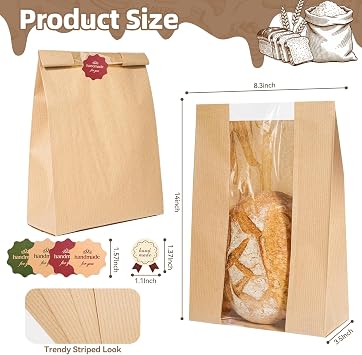 Funcoo 30 pcs Bread Bags for Homemade Bread Paper Sourdough Bread Bakery Storage Bags with Window, Large Bakery Bread Loaf Bags for Baked Goods Packaging, Label Seal sticker included