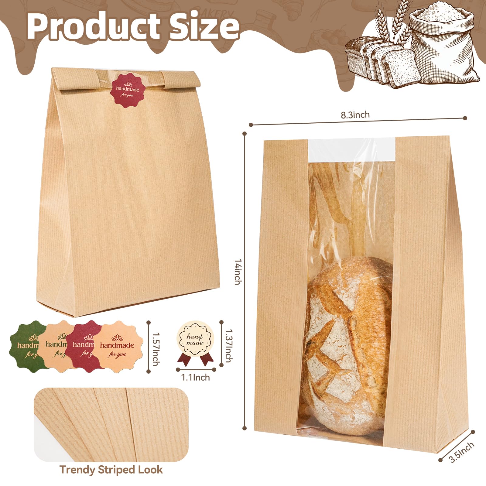 Funcoo Paquete de 100 bolsas de papel kraft para pan, embalaje de alimentos, bolsa de panadería con ventana frontal, etiqueta adhesiva incluida (14 x 8.3 x 3.5 pulgadas)