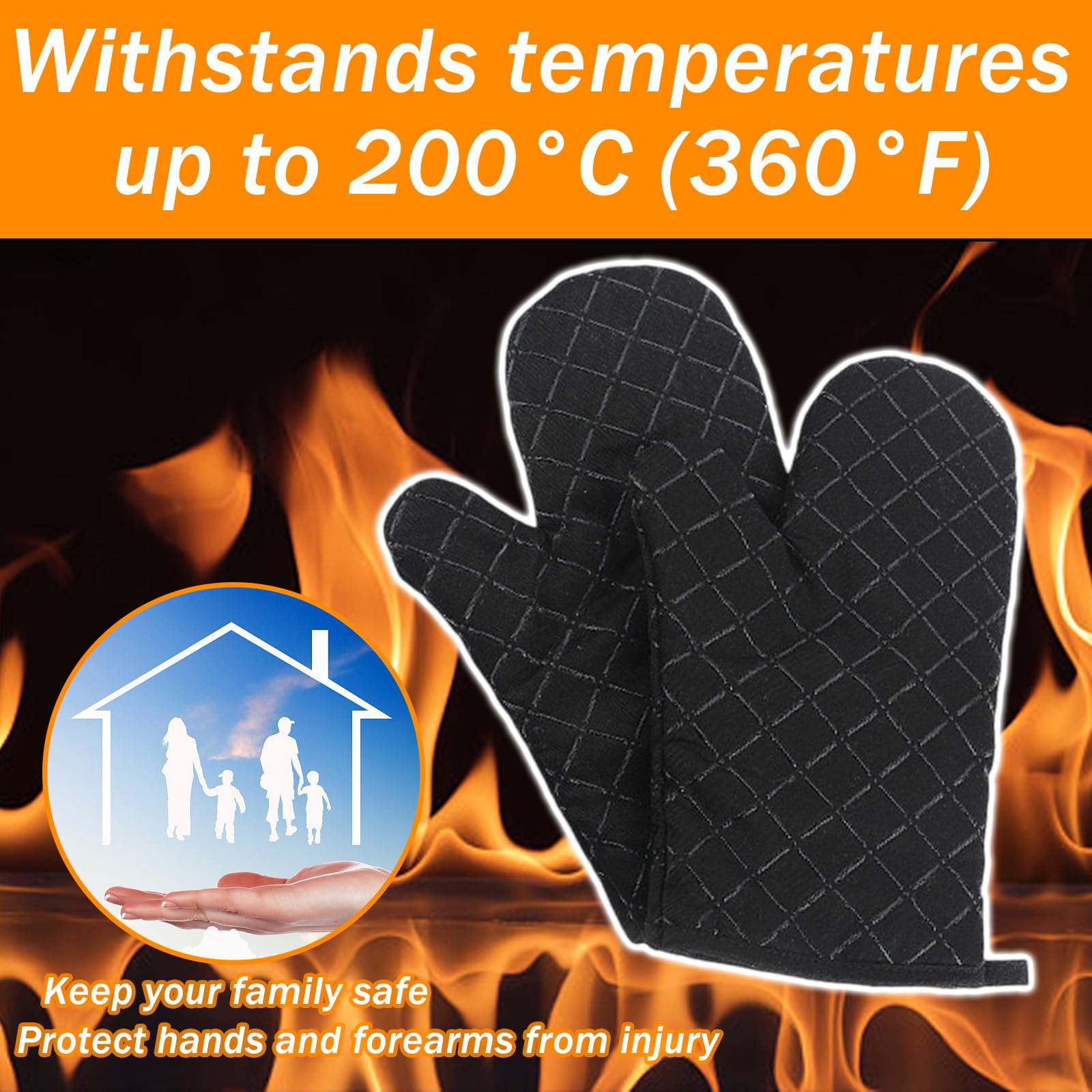 1 Pair Heat Resistant Oven Gloves, Non Slip Silicone Black Oven Mitts Kitchen Glove for Grilling Microwave Pizza Cooking Baking Barbecue - Image 3