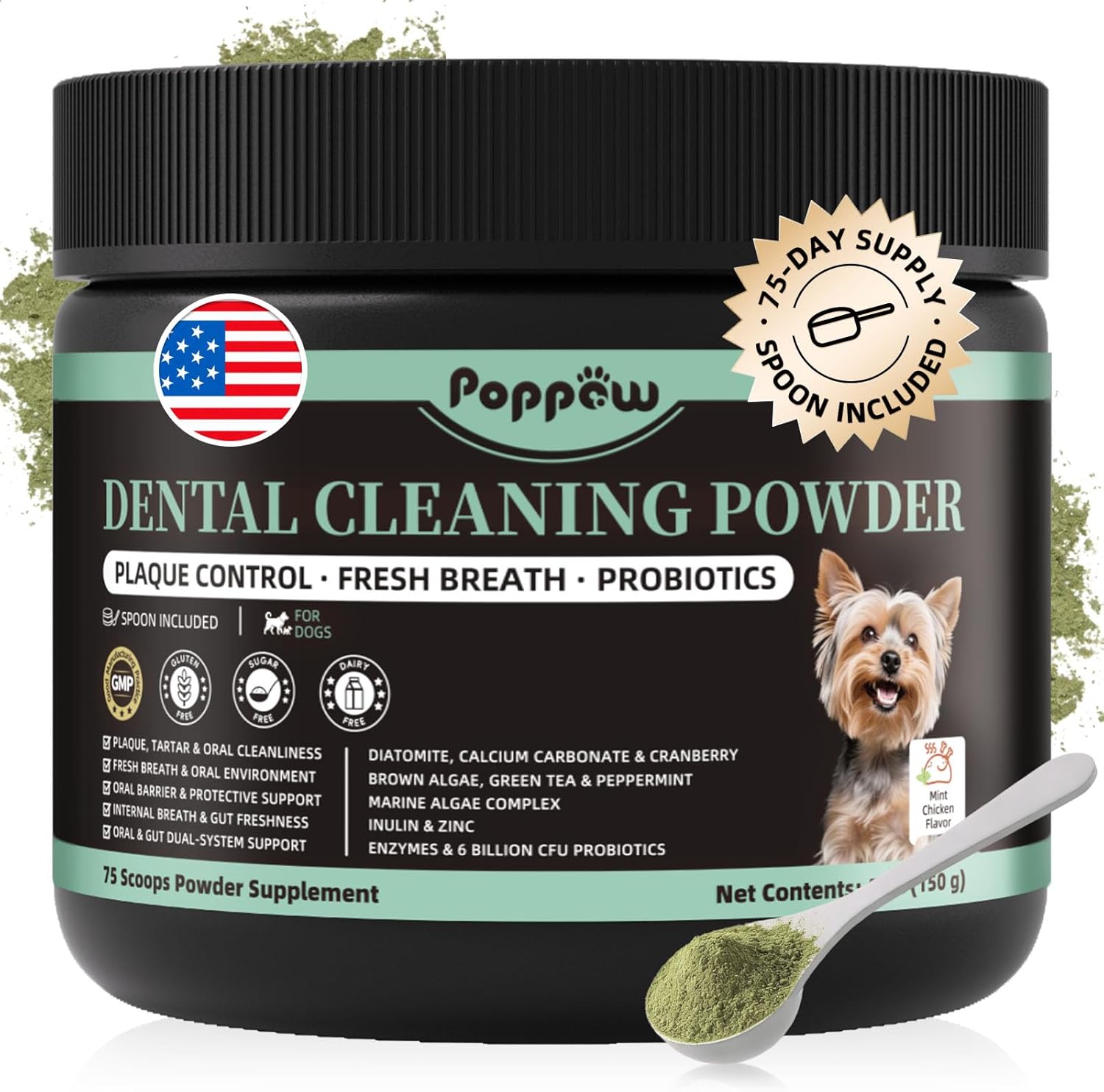 Dog Dental Powder, Teeth Cleaning Powder, Plaque & Tartar Off, Fresh Breath Support, No Brushing Oral Care, Mint Chicken Flavor, 75 Servings