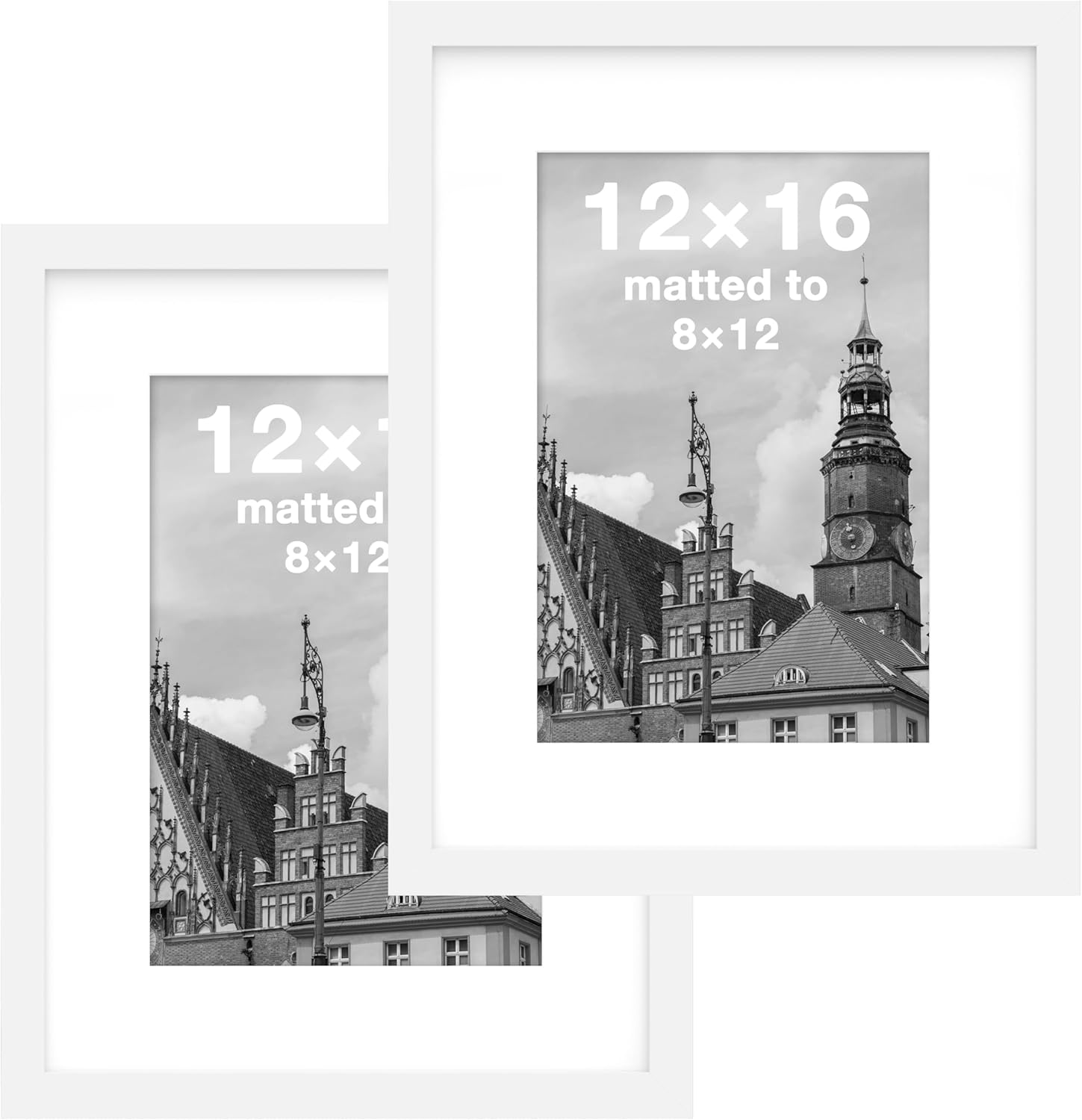 FrameWorks 12x16 mat to 8x12 Classic Wooden Picture Frames With Tempered Glass | White | 2-Pack