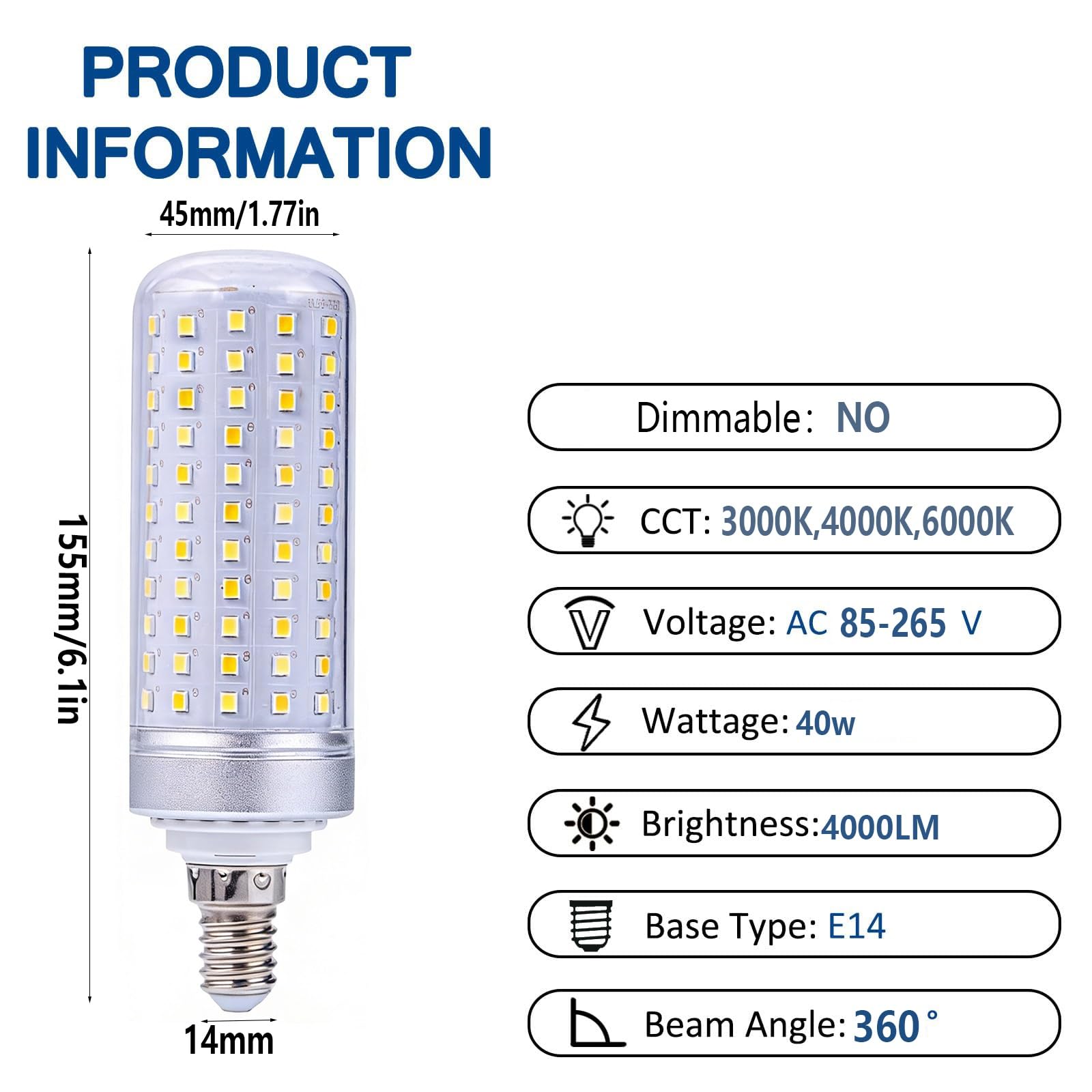 Confezione da 6 Lampadine LED E14 40W Equivalente a 400W Non-Dimmerabile Senza Sfarfallio Lunga Durata (CRI>80 Per Lampadario Plafone Lampada da Tavolo(Warm White 3000K,40W)