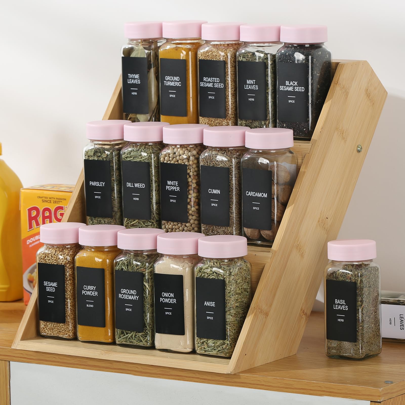 24 Gewürzgläser aus Glas mit Etiketten, Gewürzdosen-Set, 4 Unzen Gewürzbehälter, Gewürzbehälter mit rosa luftdichten Deckeln und Streudeckel, quadratische leere Gewürzflaschen, 492 Etiketten, 1