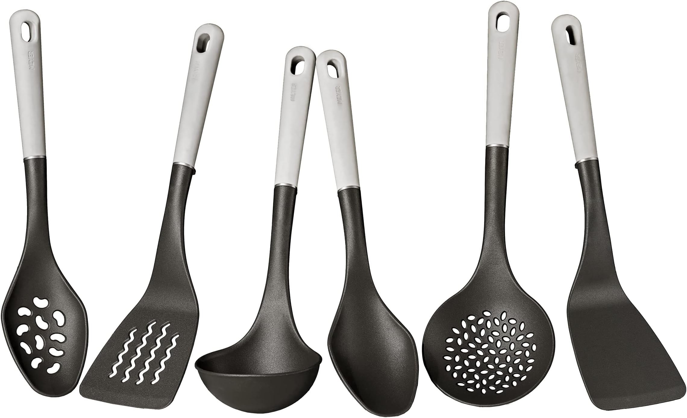 Everyday Nylon Tools/Cooking Utensils Set for Non Stick Cookware, 6 Piece: Slotted Turner, Solid Turner, Skimmer, Ladle, Slotted Spoon and Solid Spoon, Heat Resistant, Black with Gray Handles