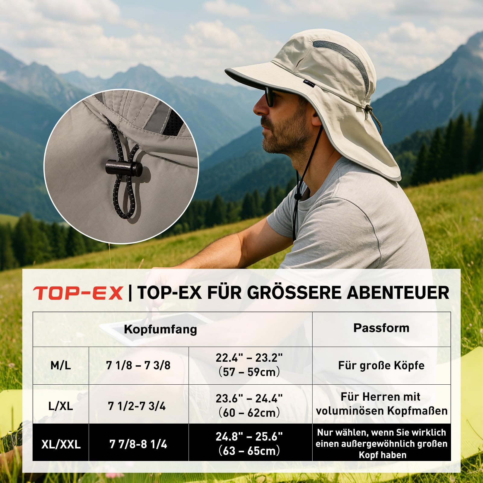TOP-EX Chapeau de soleil unisexe à large bord pour homme avec protection de la nuque, porte-lunettes de soleil, chapeau d'été pour safari, chapeau d'été imperméable et pliable