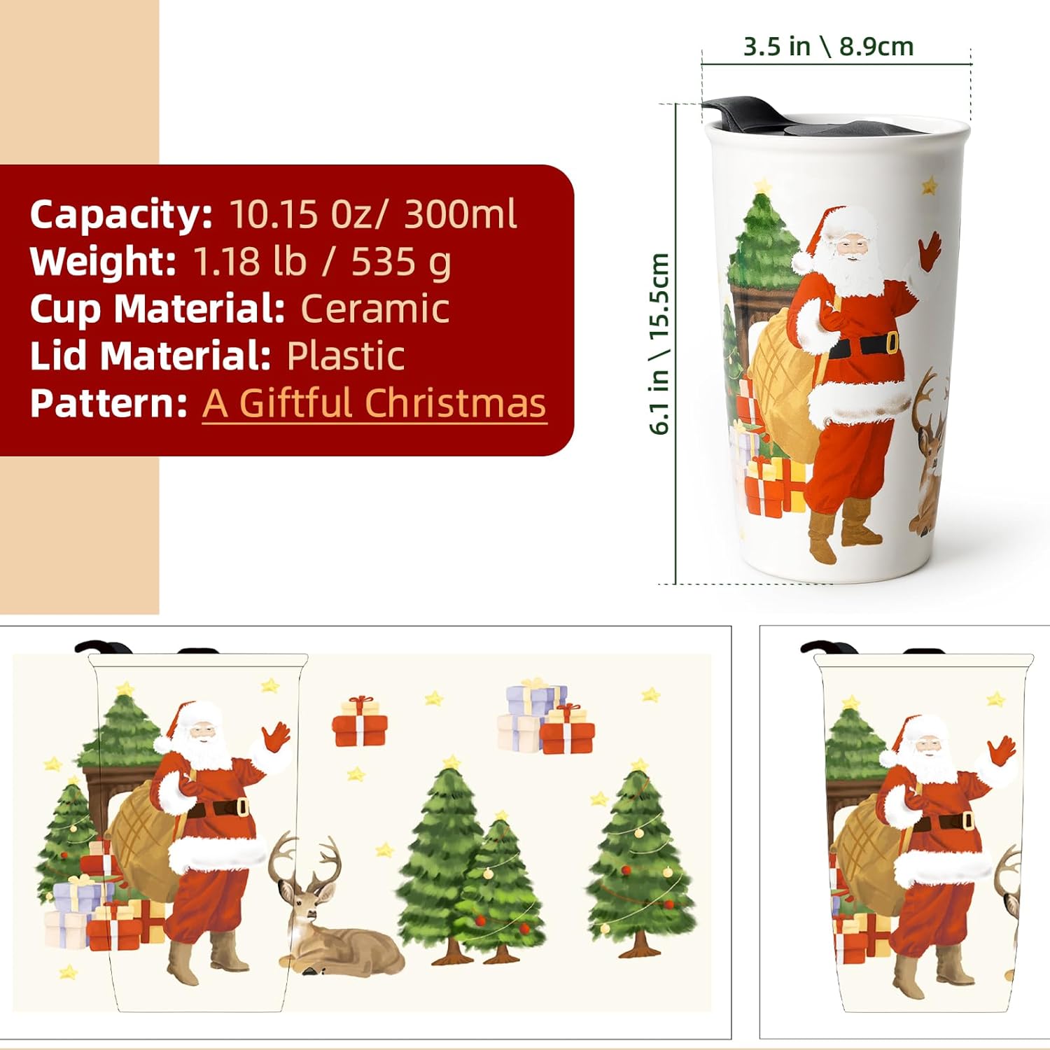 ANTIS'S HOME Ceramic Travel Mug with Lid, Christmas Mug Wall Coffee Mug Tumbler, Reusable Tall Cup, Splash Resistant Lid, Dishwasher Microwaveable Safe - Image 2