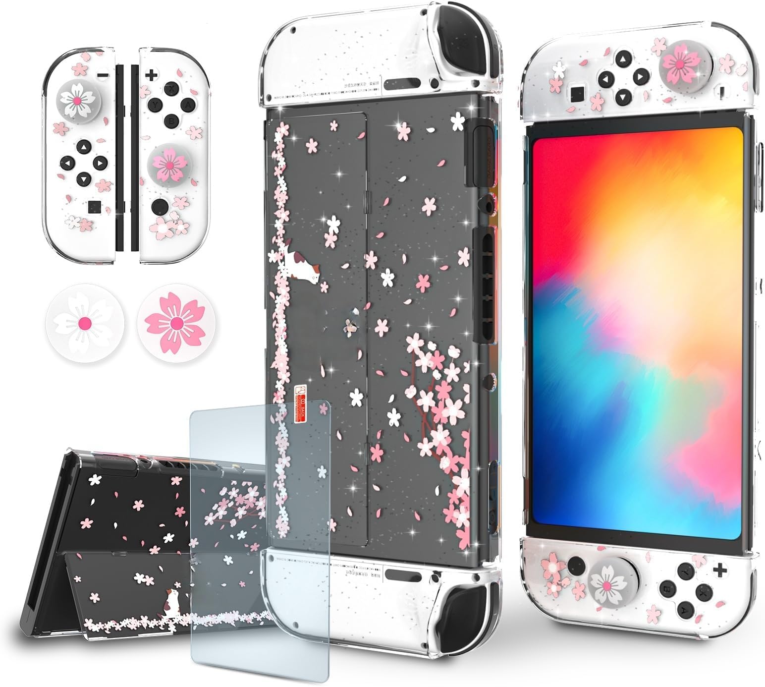 Cherry Blossom Glitter Case for Nintendo Switch OLED, Dockable Clear Protective Cover with Tempered Glass Screen Protector and Thumb Grip Caps, Cute Hard Shell Case, Not for Switch or Switch 2