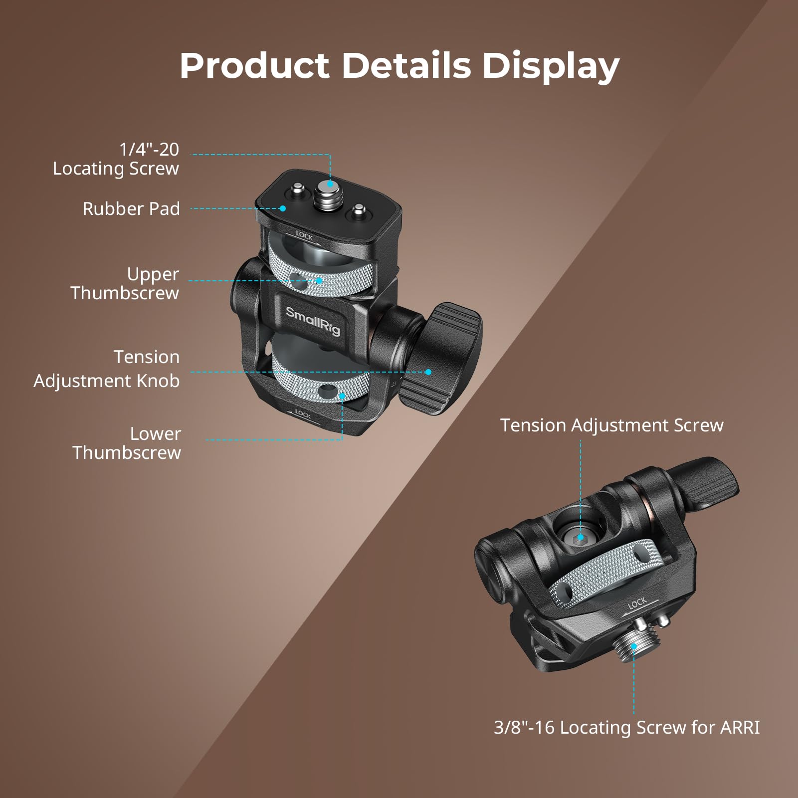 SMALLRIG Supporto regolabile per monitor ARRI, girevole a 360° e inclinabile a 180°, vite di posizionamento da 3/8"-16" per ARRI, vite di posizionamento da 1/4", riprese orizzontali e verticali - 6314
