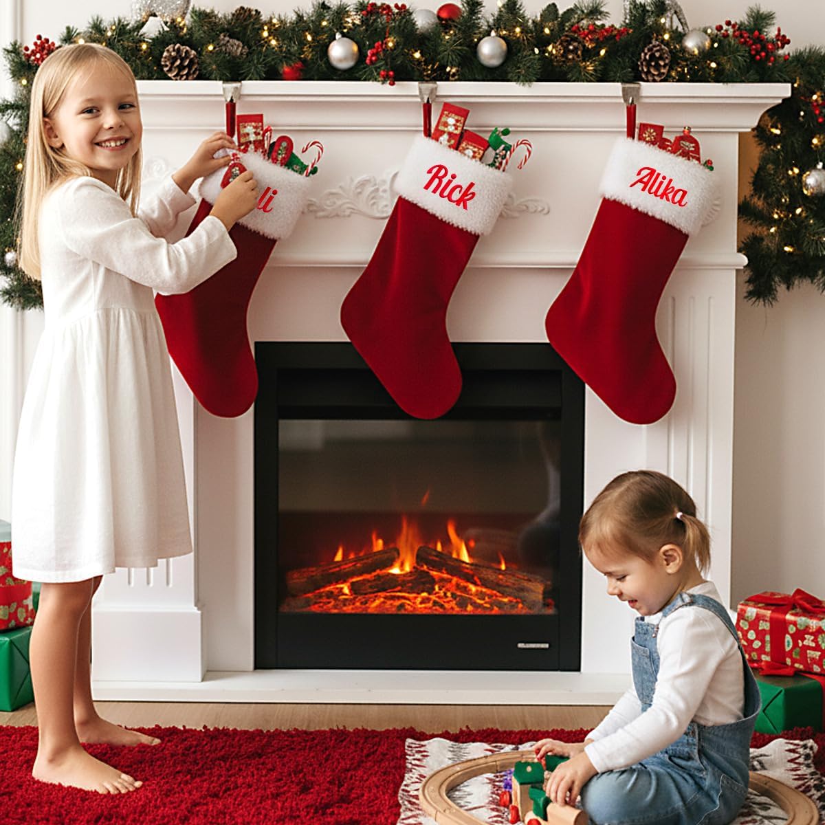 Ulico Personalized Christmas Stocking，Custom Name Family Stockings, 20” Large Red Velvet with White Soft Plush Cuff Xmas Stocking for Kids,Holiday Stocking for Fireplace Party Decoration(5 Pcs)