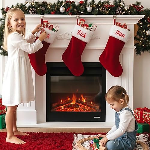 Miniatura 5 de Medias de Navidad personalizadas, medias de Navidad con nombre personalizado, terciopelo rojo con puño de felpa suave blanca para niños, calcetín de
