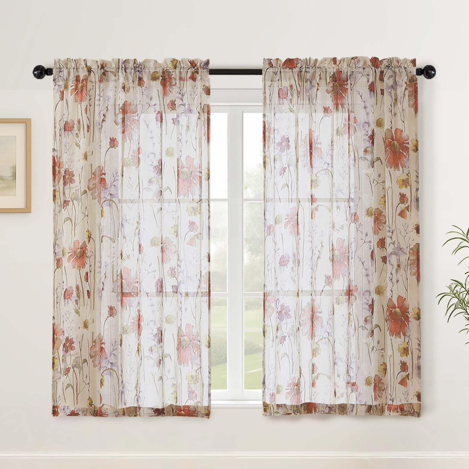 Simplebrand Printed Floral Short Sheer Curtains 122 cm Length 2 Panels, Light Filtering Crushed Texture Semi Sheer Drapes for Bedroom Living Room, Farmhouse Rod Pocket Cafe Curtains, 130Wx122L cm