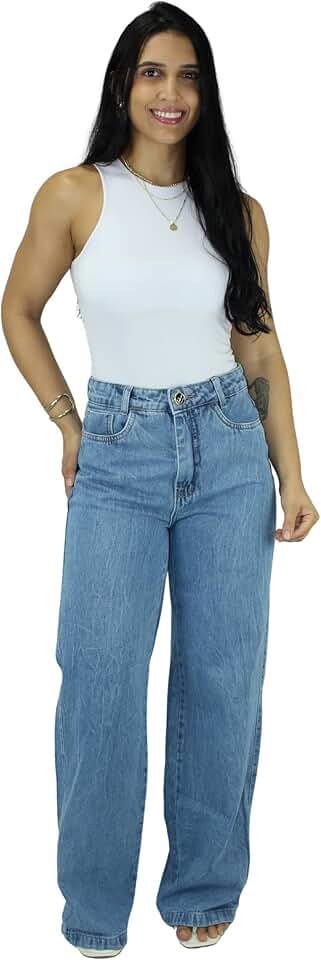Calça Wide Leg Pantalona 100% Algodão Premium Calça Cargo Wide Leg Feminina Cintura Alta 100% Algodão Blogueira Streetwear