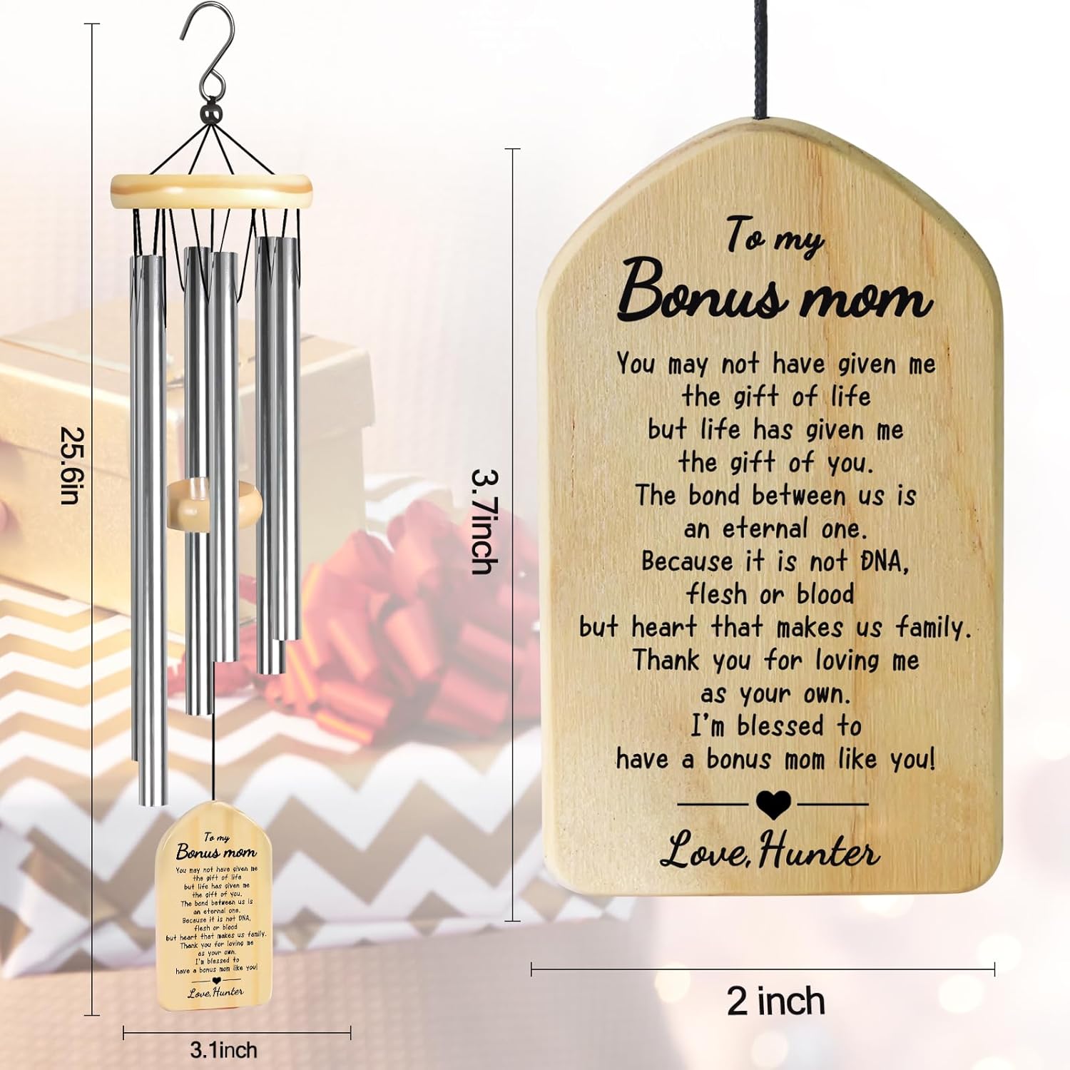Bonus Mom Wind Chimes, Eremovd Personalized Step Mom Gifts from Stepdaughter Stepson, Mothers Day Christmas Birthday Gifts for Bonus Mother, Personalized Step Mother Gift from Daughter Son