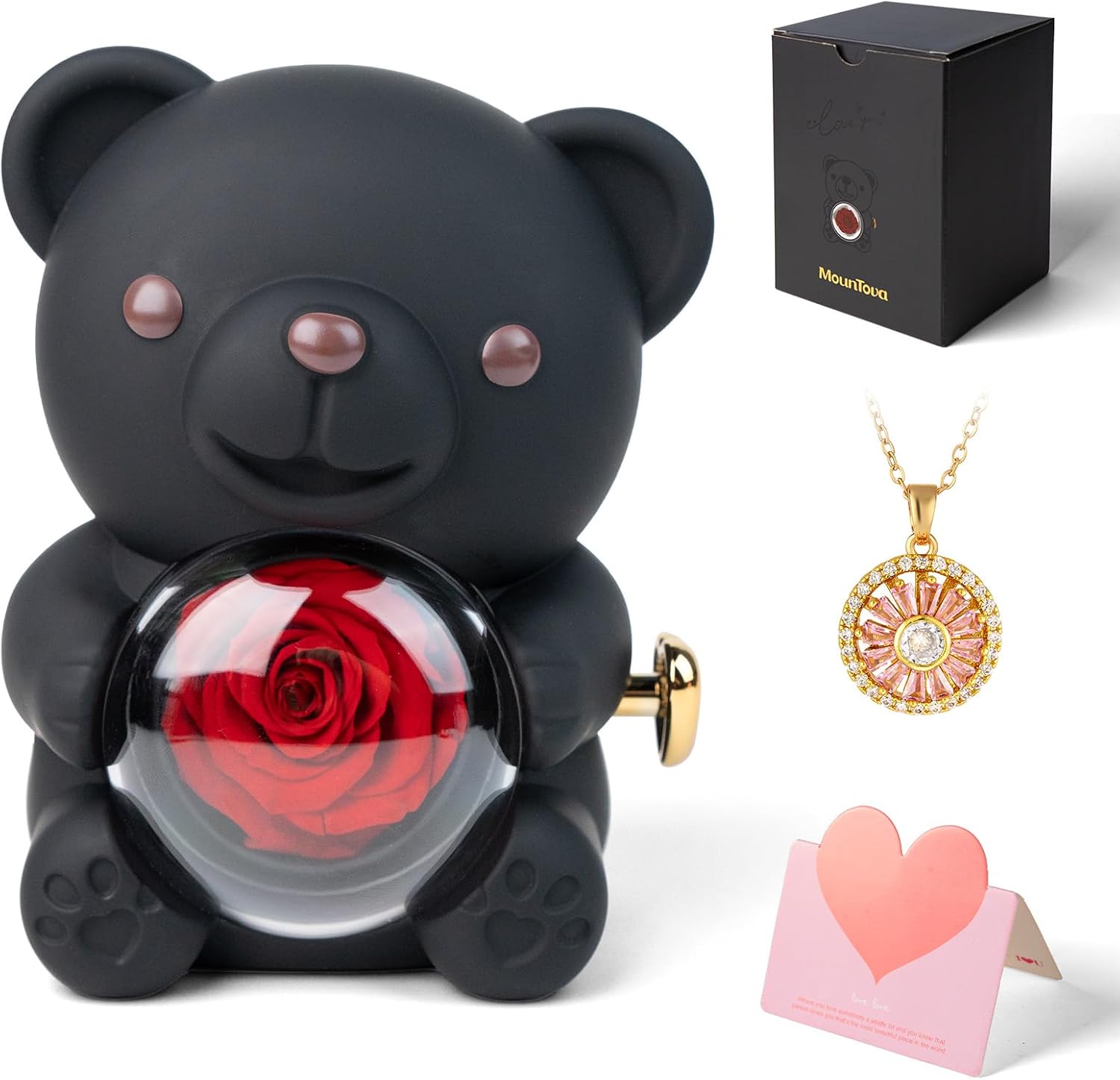 Cute Teddy Bear with Preserved Rose and Necklace, Romantic Bear Roses Gifts with Jewellery Storage for Women, Girlfriend, Wife, Valentines Day Gift, Forever Eternal Rose Flower Decor, Black