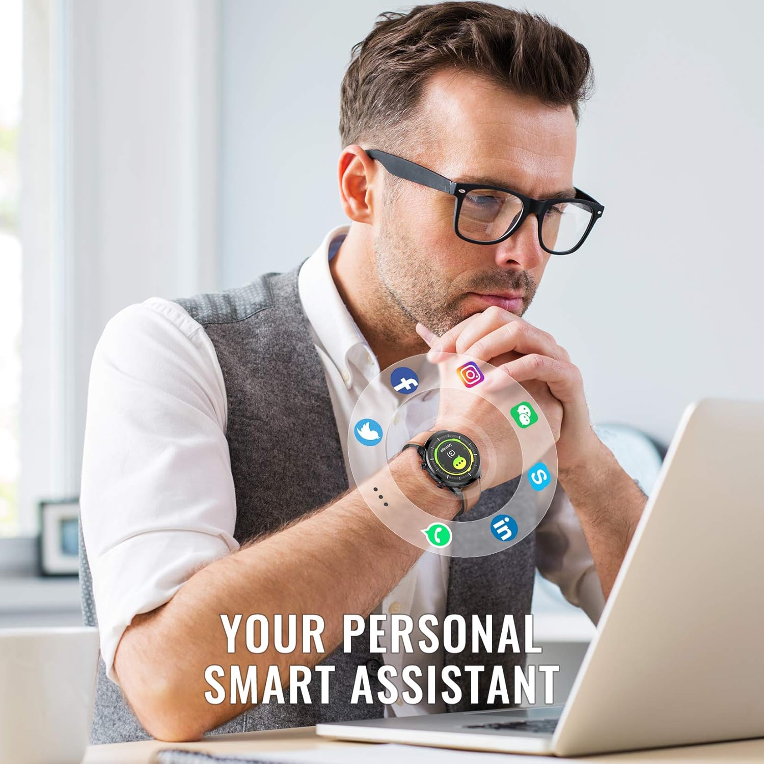 Man using a laptop with Hommie Smartwatch on wrist, surrounded by social media app icons like Facebook, Instagram, WhatsApp, Twitter, LinkedIn, and phone/message icons.