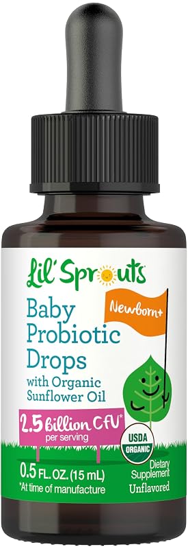 Lil' Sprouts Gotas probióticas para recém-nascidos com óleo de semente de girassol orgânico, 2,5 bilhões de UFC, 15 mL