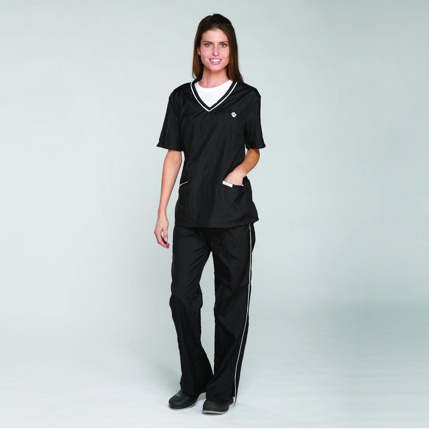 Top Performance Contrast-Trim V-Neck Grooming Tops — Fashionable and Versatile Tops for Professional Groomers - Small, Black/White