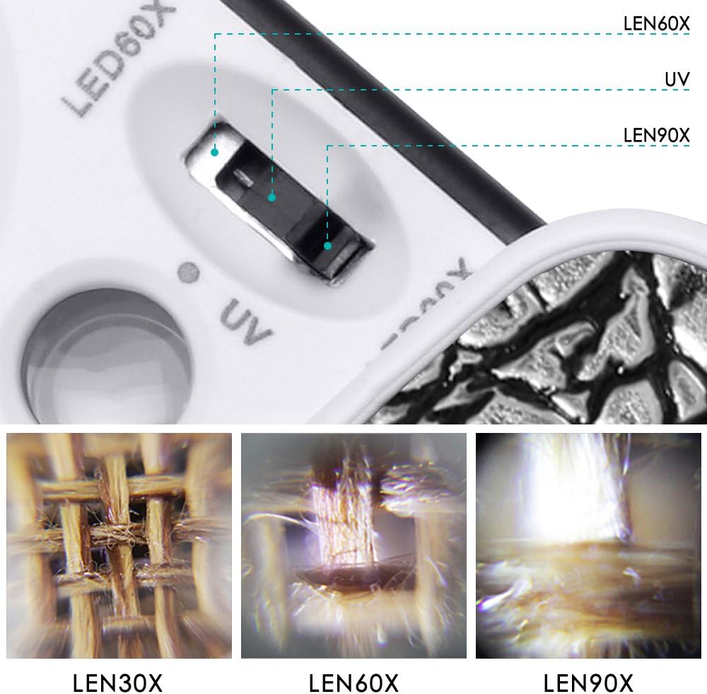 Jewelry Loupe Magnifier with LED Light, AFUNTA 30X,60X,90X Pocket Magnifying Glass for Rocks Stamps Coins Watches Hobbies Antiques Models Photos - Silver