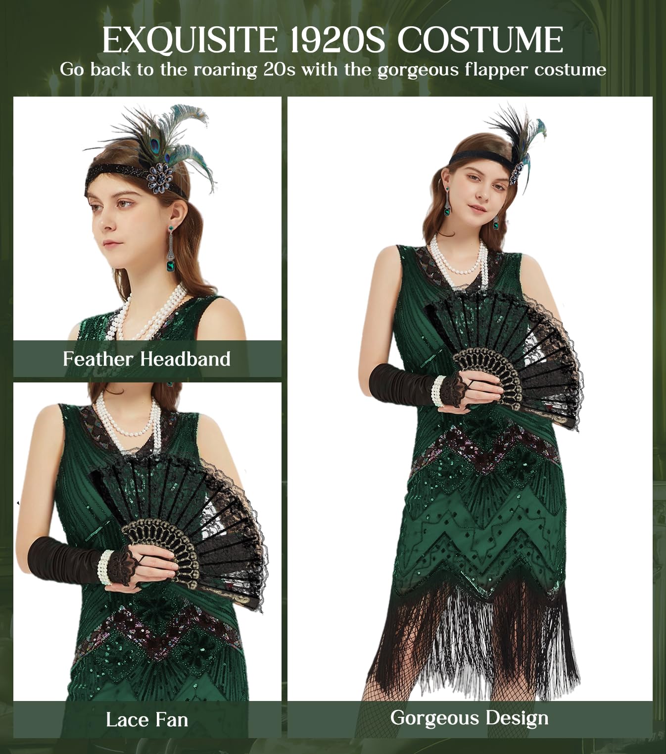 WILDPARTY 1920s Dresses for Women Flapper Dress Lace Fan Fether Headband Sequins Beads Fringes 20s Accessories Vintage Mafia Costume DarkGreen M - Image 3