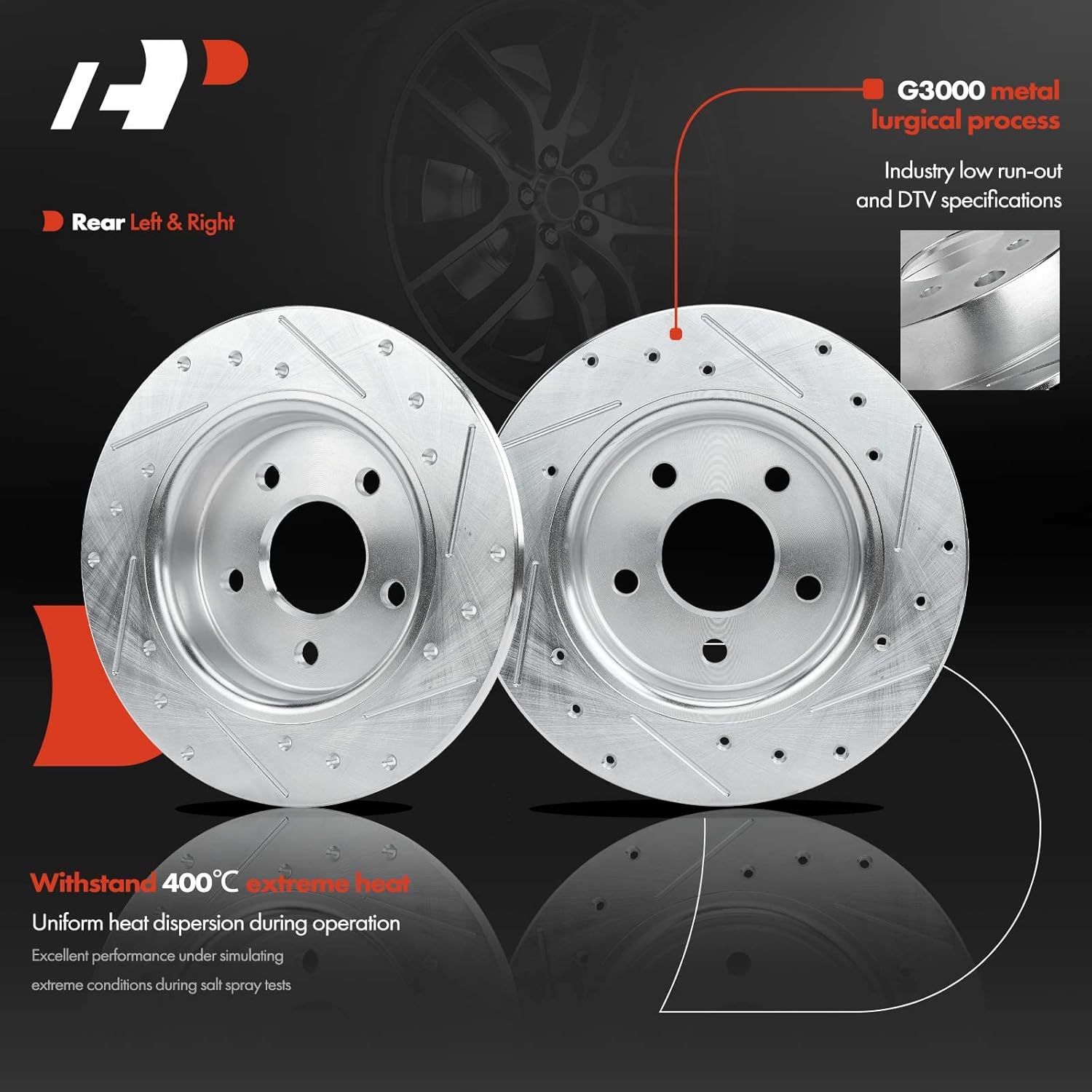 A-Premium Rear Drilled and Slotted Disc Brake Rotors + Ceramic Pads Kit Compatible with Select Ford Models - Focus 2012 2013 2014 2015 2016 2017 2018, 6-PC Set