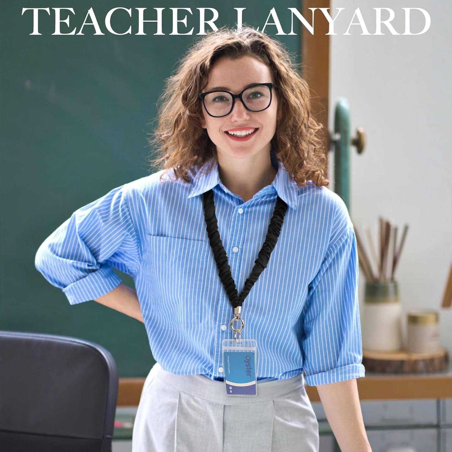 Breakaway Scrunchie Lanyard with Id Holder, Stretchy Teacher Lanyards for Id Badges Keys, Lake Green - Image 3