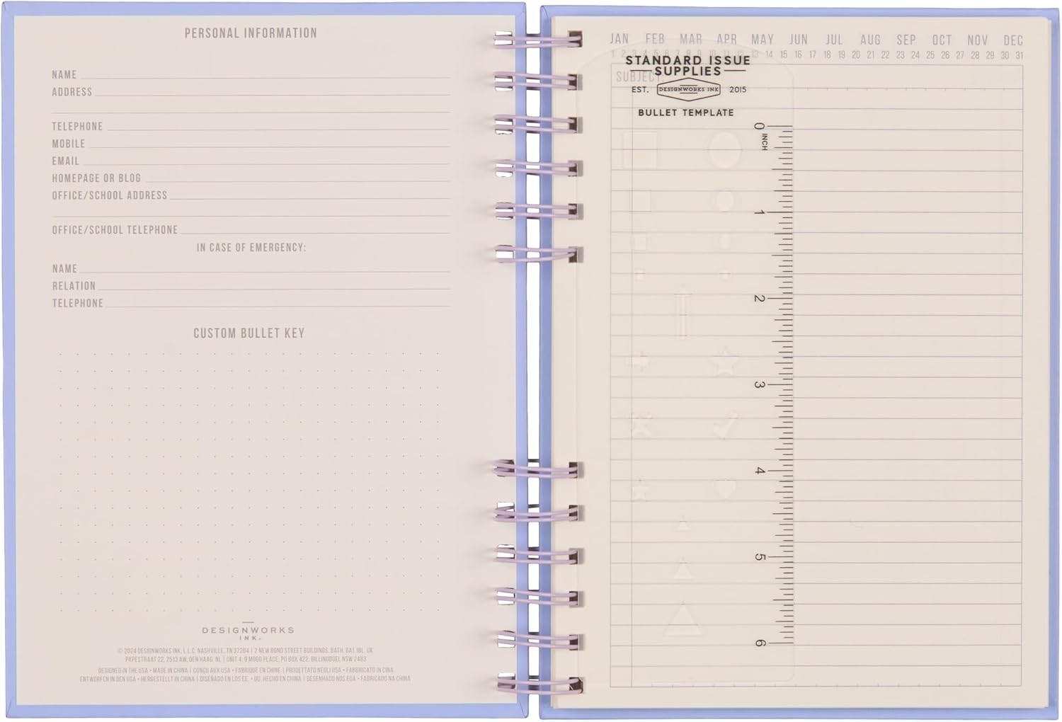 DesignWorks Ink Standard Issue Notebook No. 12, Undated Daily Planner & Writing Journal, 192 Lined Pages, Elastic Pen Holder, Small Spiral Notebook for Work & Journaling, 6 x 8.25 in, Lavender/Periwinkle
