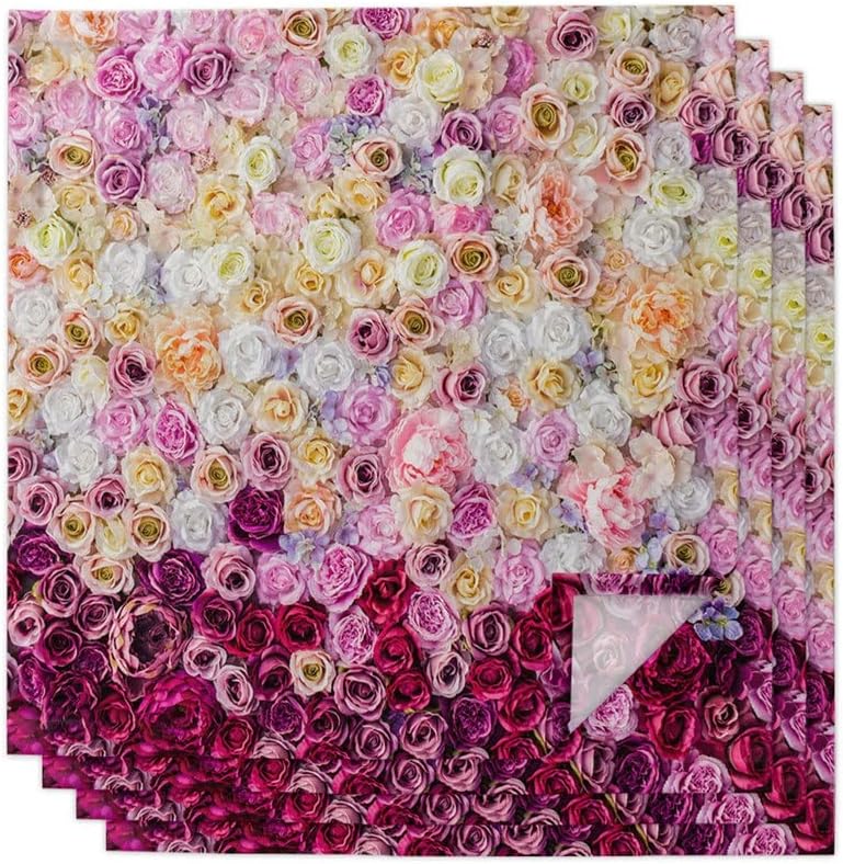 Colorful Rose Flower Table Napkin Cloth Set Wedding Party Handkerchief Restaurant Supplies Christmas Napkins(4pcs)