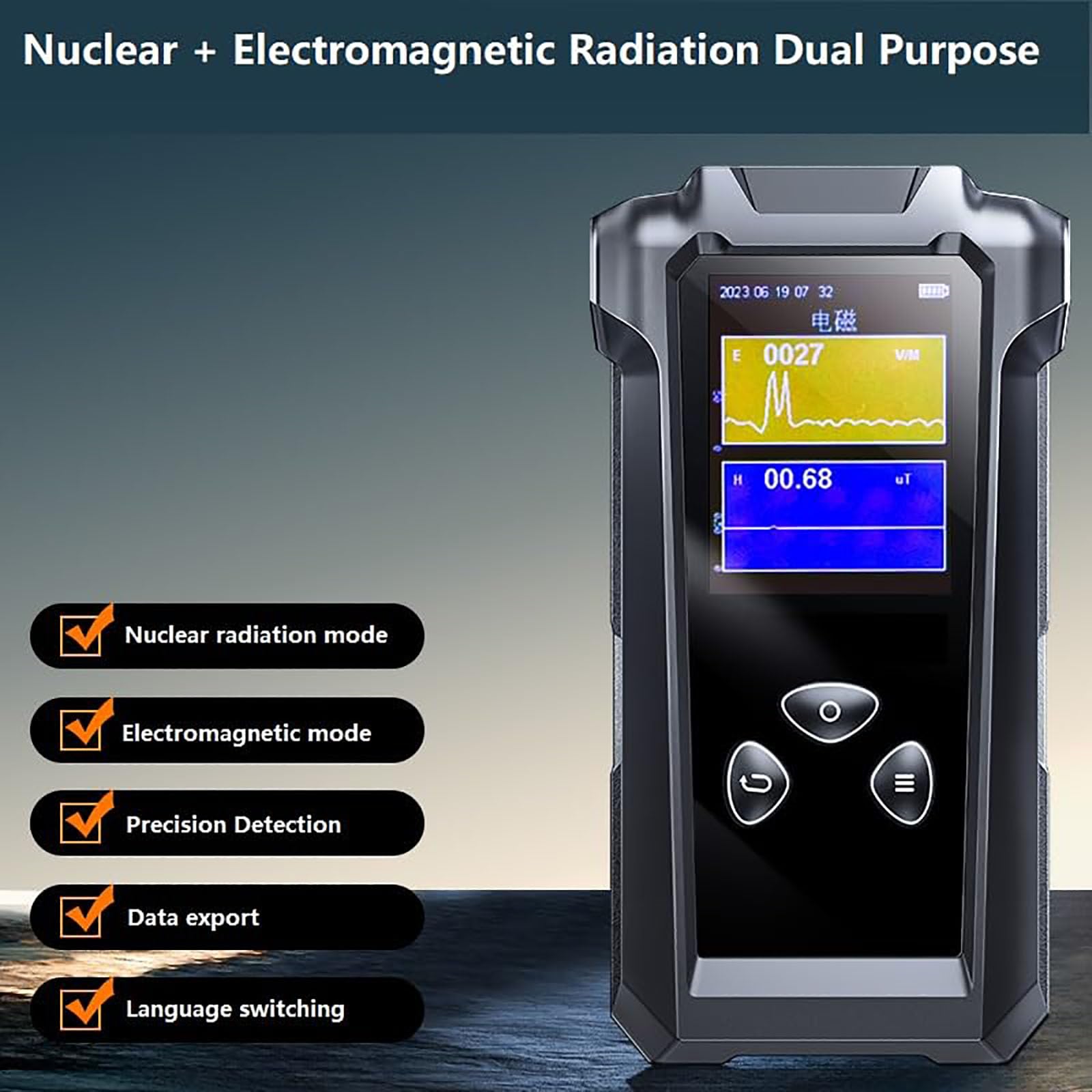 WeGoIOT Rilevatore di radiazioni nucleari ricaricabili da 2,4 pollici, doppio uso per radiazioni nucleari/EMF, rilevamento in tempo reale del superamento dell'allarme standard, quattro modalità di