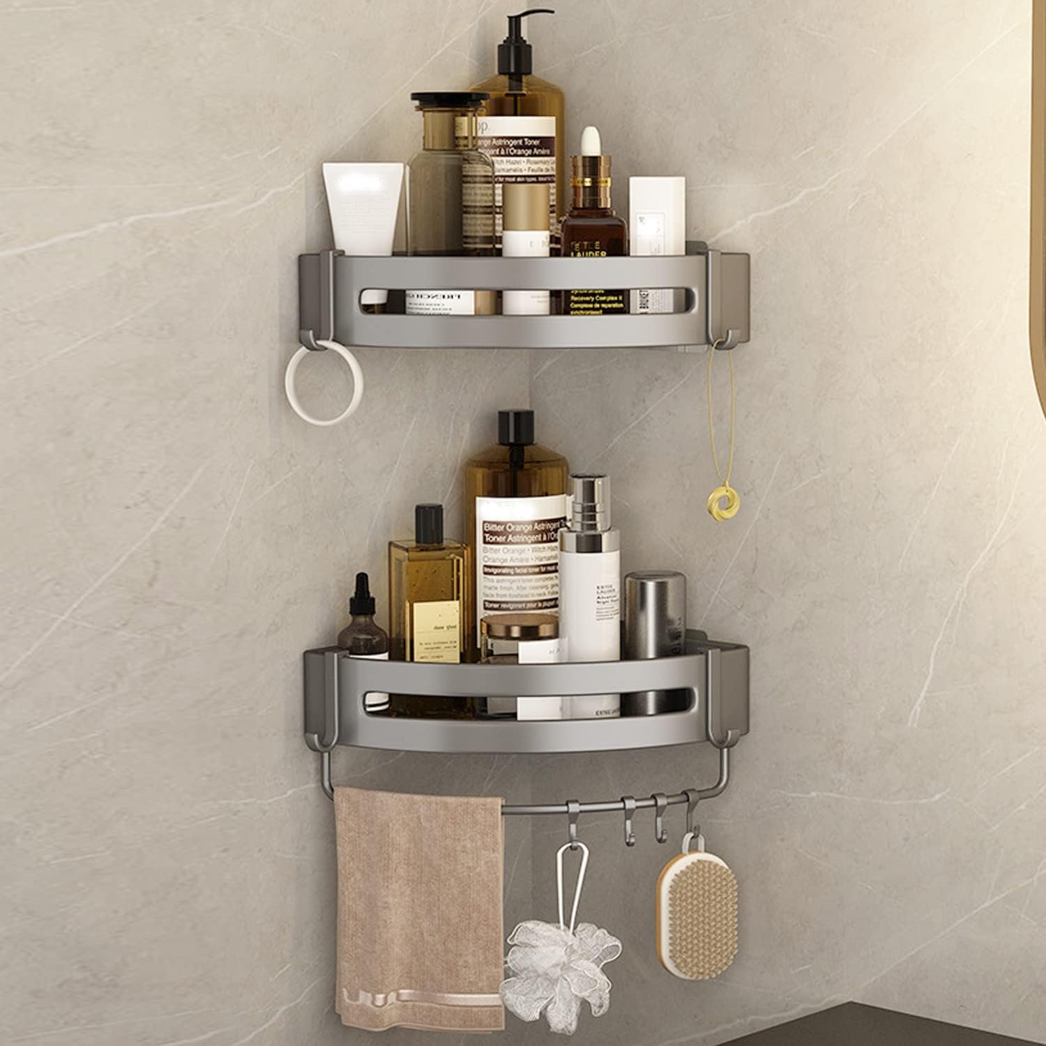 NAWOKEENY 2Pack Corner Shower Caddy No Drilling, Self Adhesive Wall Mounted Shower Shelf, Bathroom Organizer with Hooks, Bathroom Shelves Wall Mounted for Bathroom, Kitchen, 2 Adhesives (Style C)