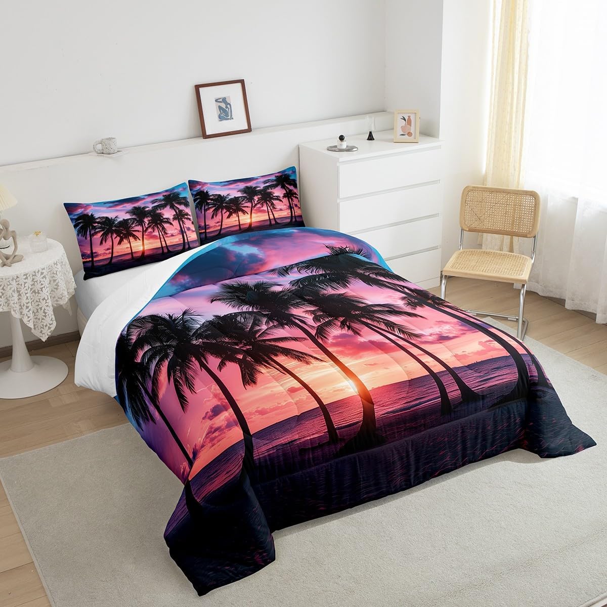 Castle Fairy Palm Trees Silhouette Comforter Set for Kids Adults,Watercolor Summer Hawaii Beach Sunset Bedding Comforter Sets Queen,Dreamy Sky Sea Ocean Coastal Quilt Comforter with 2 Pillowcases