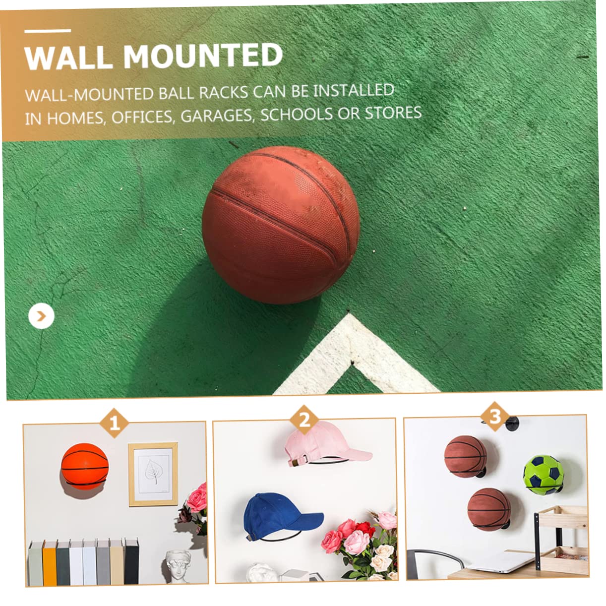 OHPHCALL 1 Set Professional Wall Mounted Basketball Rack Sturdy Sports Organizer for Home Garage Space Saving Design for Displaying Balls and Hats Easy Installation