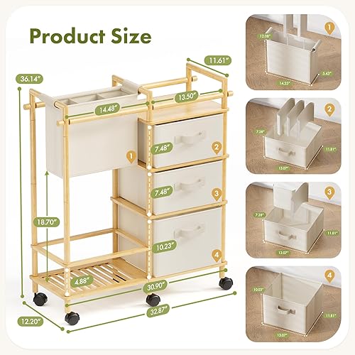 Miniatura 9 de Carrito organizador de pañales de bambú para bebé, carrito rodante de 3 niveles con divisores y cajones extraíbles, carrito de pañales para