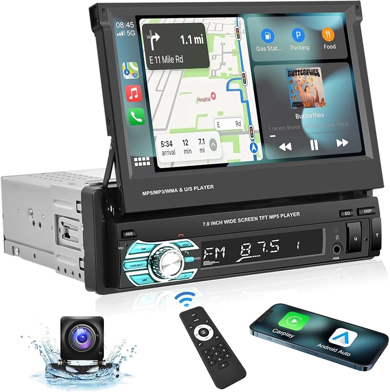Podofo Estéreo para automóvil Carplay de un solo DIN con cámara de respaldo Bluetooth AHD, pantalla táctil abatible de 7 pulgadas Radio para automóvil Reproductor MP5 compatible con Android Auto, Mirror Link, USB, TF, radio FM, entrada auxiliar, SWC