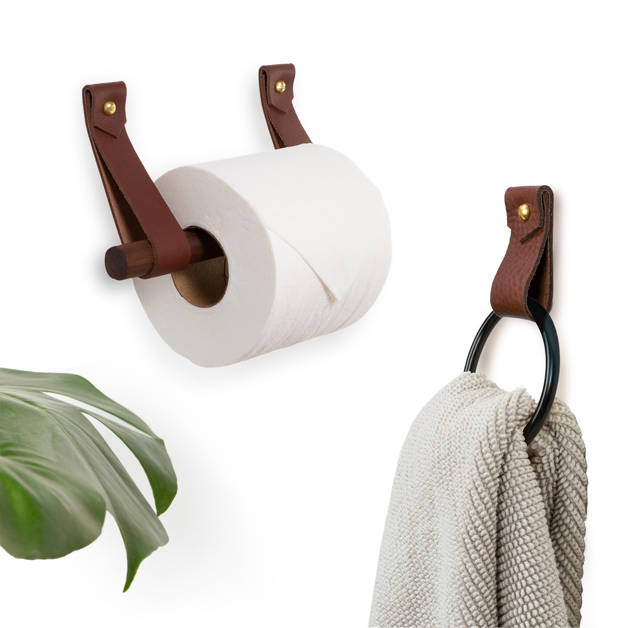 Keyaiira Leather & Wood Toilet Paper Holder + Hand Towel Ring Bathroom Accessory Fixture Set - Easy Installation - Great for Half Bath or RV