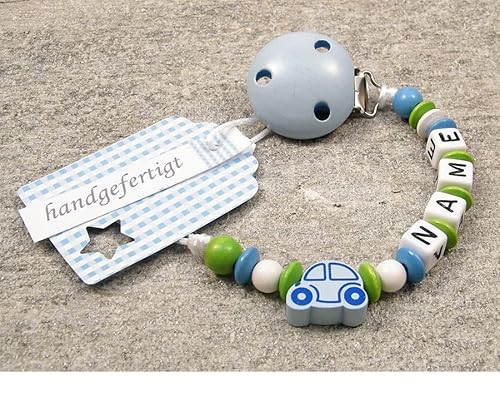 kleinerStorch Baby Nuckelkette mit Namen | personalisiert für Jungen | Motiv Auto in blau Cover