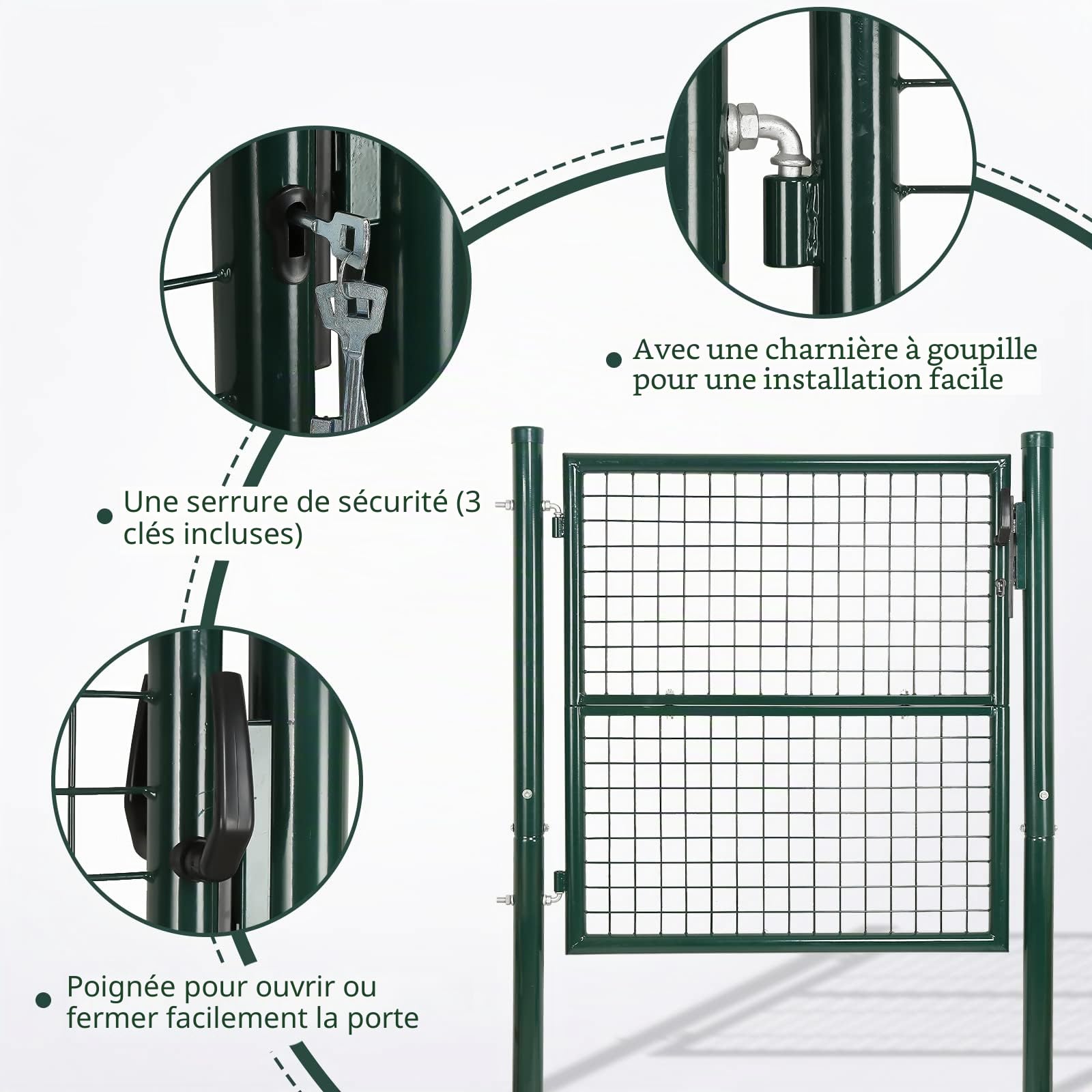 Gimisgu Porte de jardin 150x100cm Portail de clôture Porte de jardin en acier galvanisé avec poignée, serrure et 3 clés. Robuste et durable. Portail de cour pour clôture en grillage. Porte d’entrée