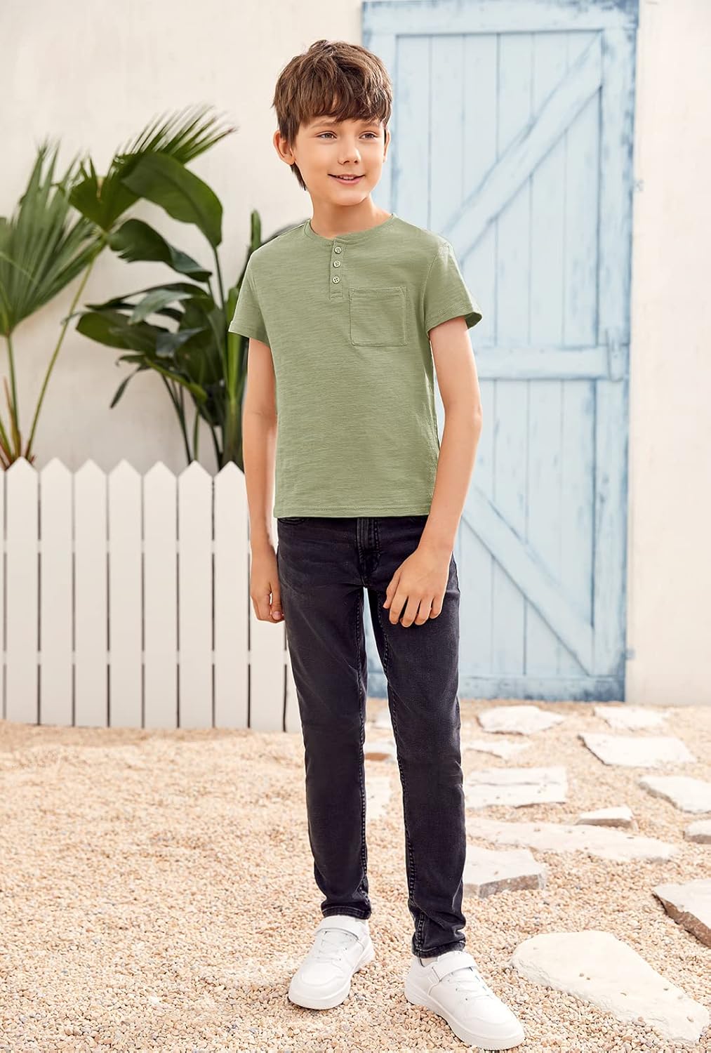 GAMISOTE Kids Boys Henley Shirts Solid Button Down Short Sleeve Pocket Casual Tops Tees - Image 6