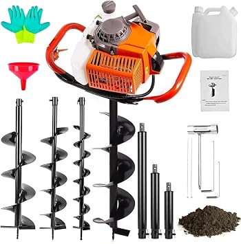 Gas Powered 72CC Post Hole Digger for Fence and Planting with 3 Auger Drill Bits 4" 6" & 8" + 3 Extension Rods8" 12" & 20", for Farm Garden Plant Earth Auger Drill Bits.