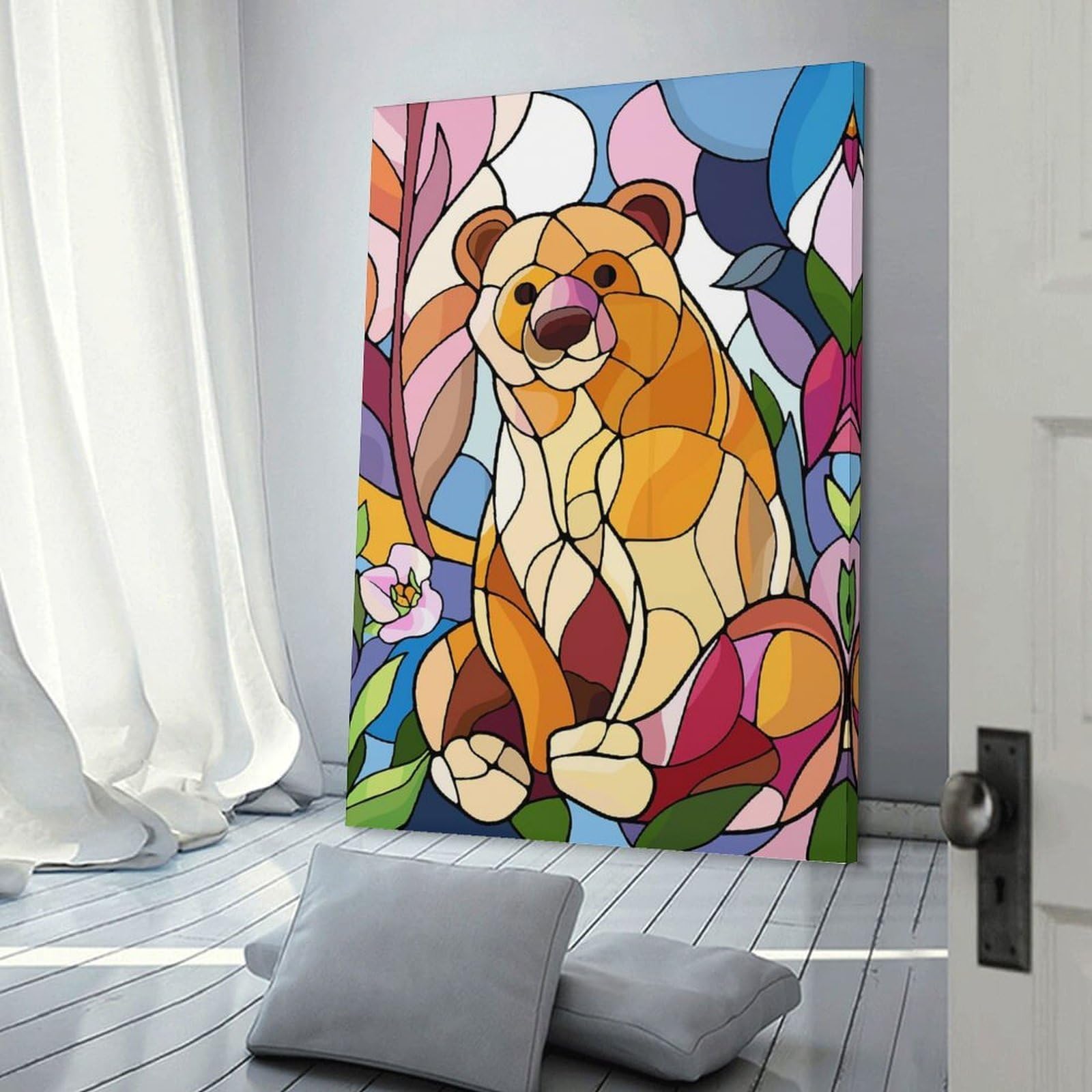 Junmoney Stained Glass Bear with Flowers Hanging Wall Art 08x12inch(20x30cm), for New Homes, Bedrooms Or Workspaces, Thoughtful Wall Decor for Art Lovers