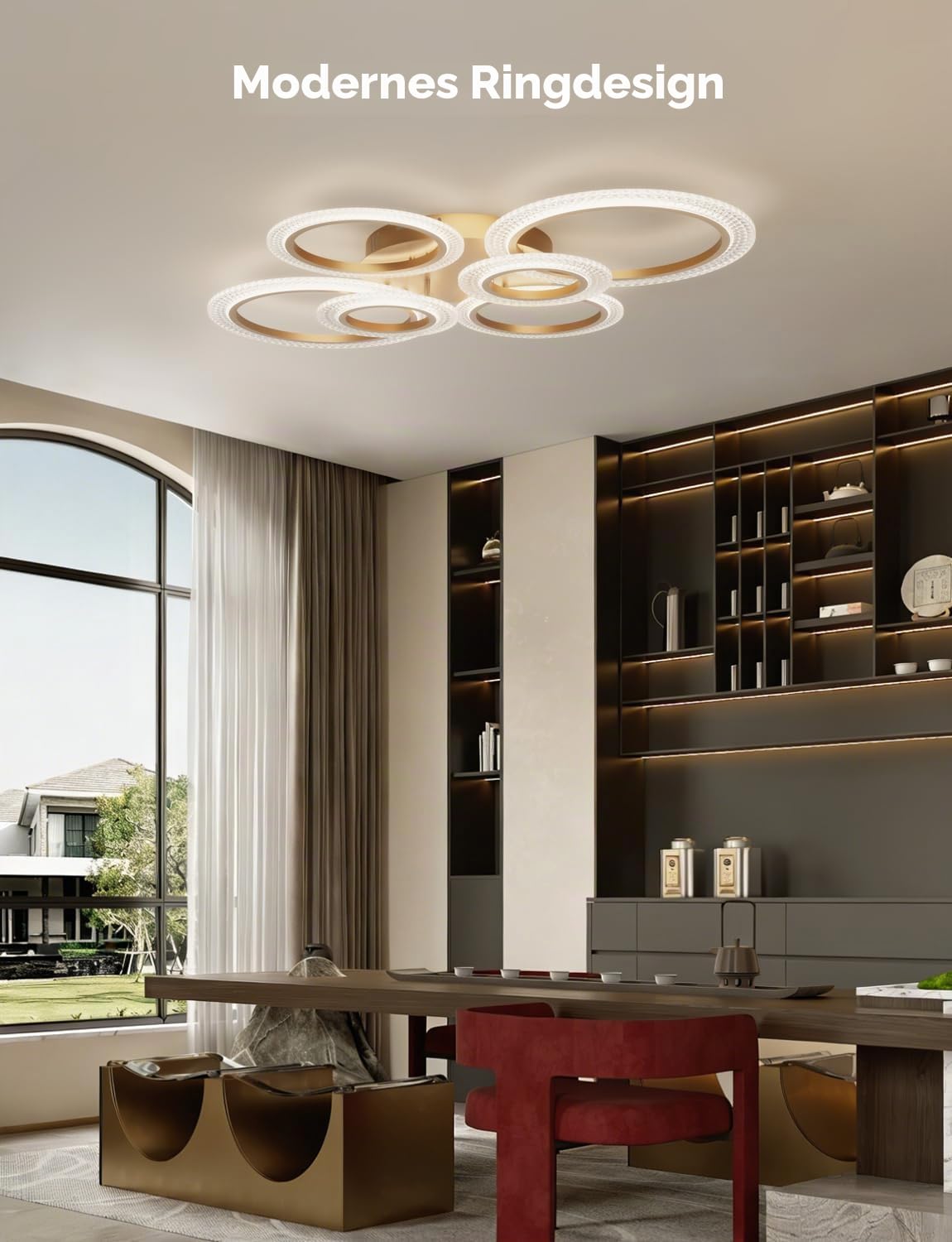 Smart LED Deckenleuchte Dimmbar 88cm, WiFi Deckenlampe, Alexa & Google Home Kompatibel, CCT 3000K-6500K Stufenlos Einstellbar mit Fernbedienung & App, Modernes Design für Wohnzimmer, Gold