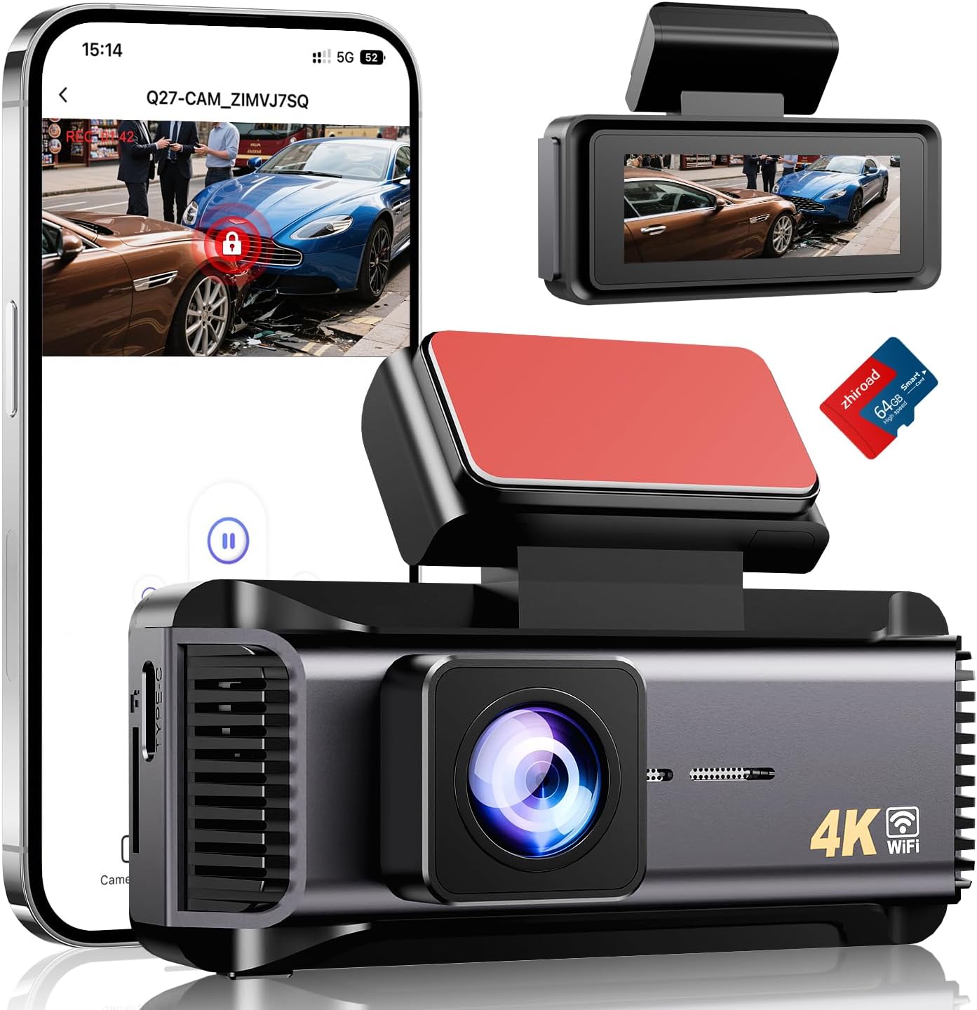 4K Dash Cam Front 2160P Car Dash Camera Built-in WiFi Includes 64GB SD Card 2.99 Inch Screen Dashcam for Cars with APP Control,170° Wide Angle,G-Sensor,Loop Recording,Parking Monitor, Night Vision,WDR