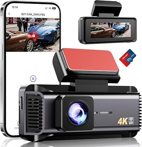 Kamery Samochodowe, Rejestrator Przód 4K Dashcam, WiFi & APP, 2.99-cali Ekran IPS, Czujnik Grawitacji, Noktowizor, WDR, Monitoring, Karta SD 64GB, Nagrywanie Pętli
