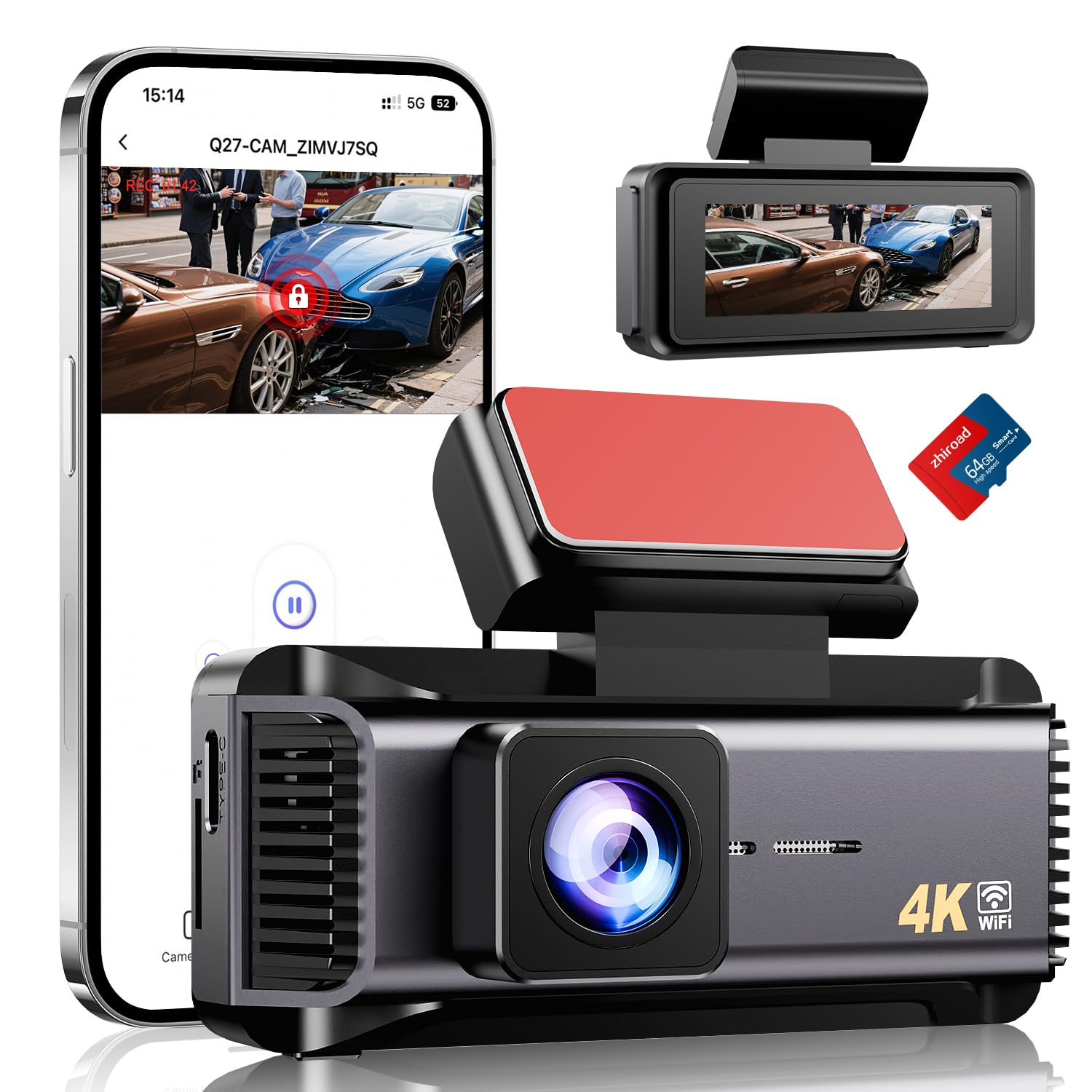 Zhiroad Dash Cam 4K Front, Built-in 5G WiFi Dash Camera for Cars, 64GB Card Included, Mini Dashcam with Loop Recording, 170°Wide Angle, Night Vision, 24H Parking Monitor, G-Sensor, Support 256GB Max