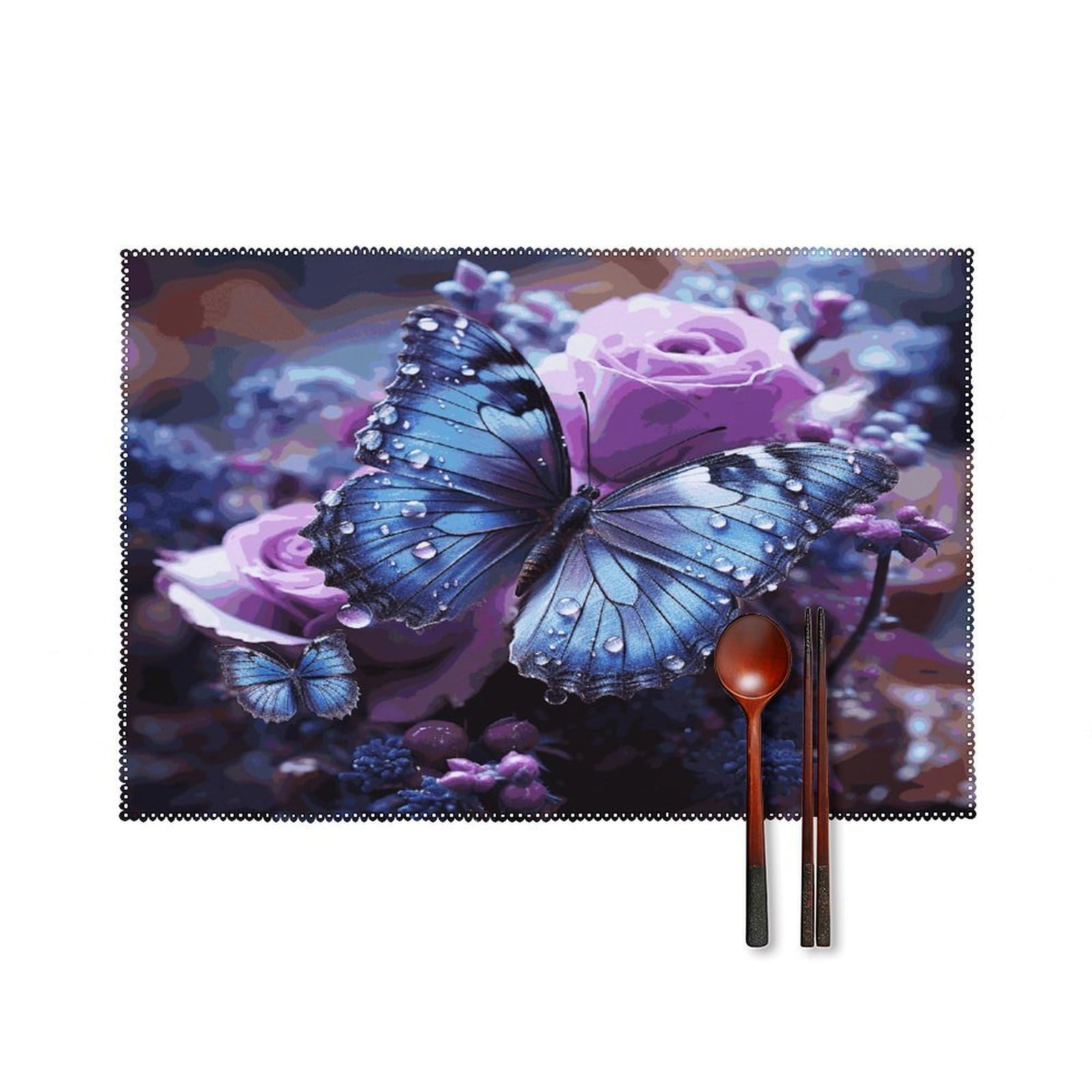 Purple Rose with Beautiful Butterfly on It Placemats Set of 4 Heat Resistant Non-Slip Place Mats for Dining Table Washable Placemat Wipeable Dining Table Mat Canvas Place Mats Dining Table Decor