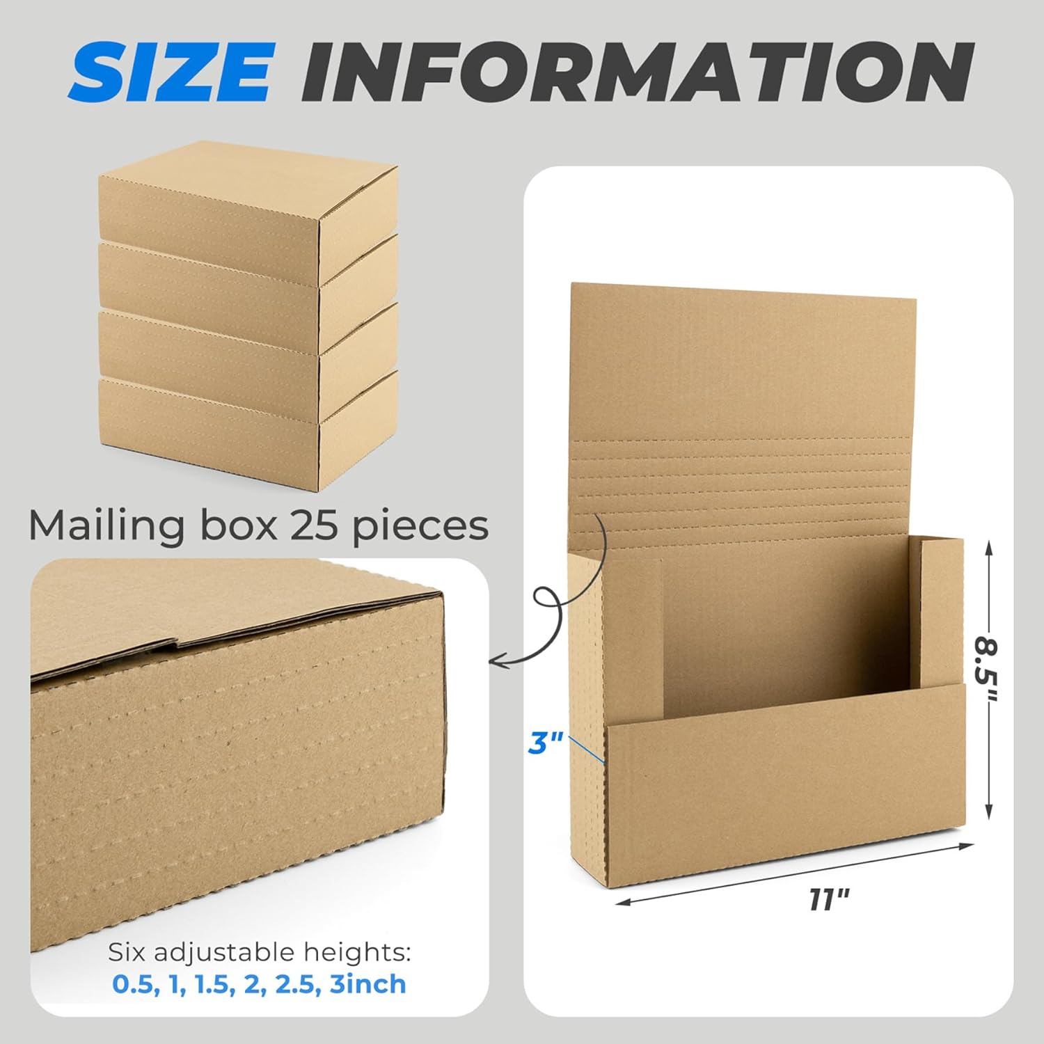 Golden State Art, 25 Pack 11x8.5x3 inch Easy-Fold Corrugated Mailer, Comic Book Box, Letter-Size Height Adjustable Shipping Boxes for Document and Photo Mailing, Brown