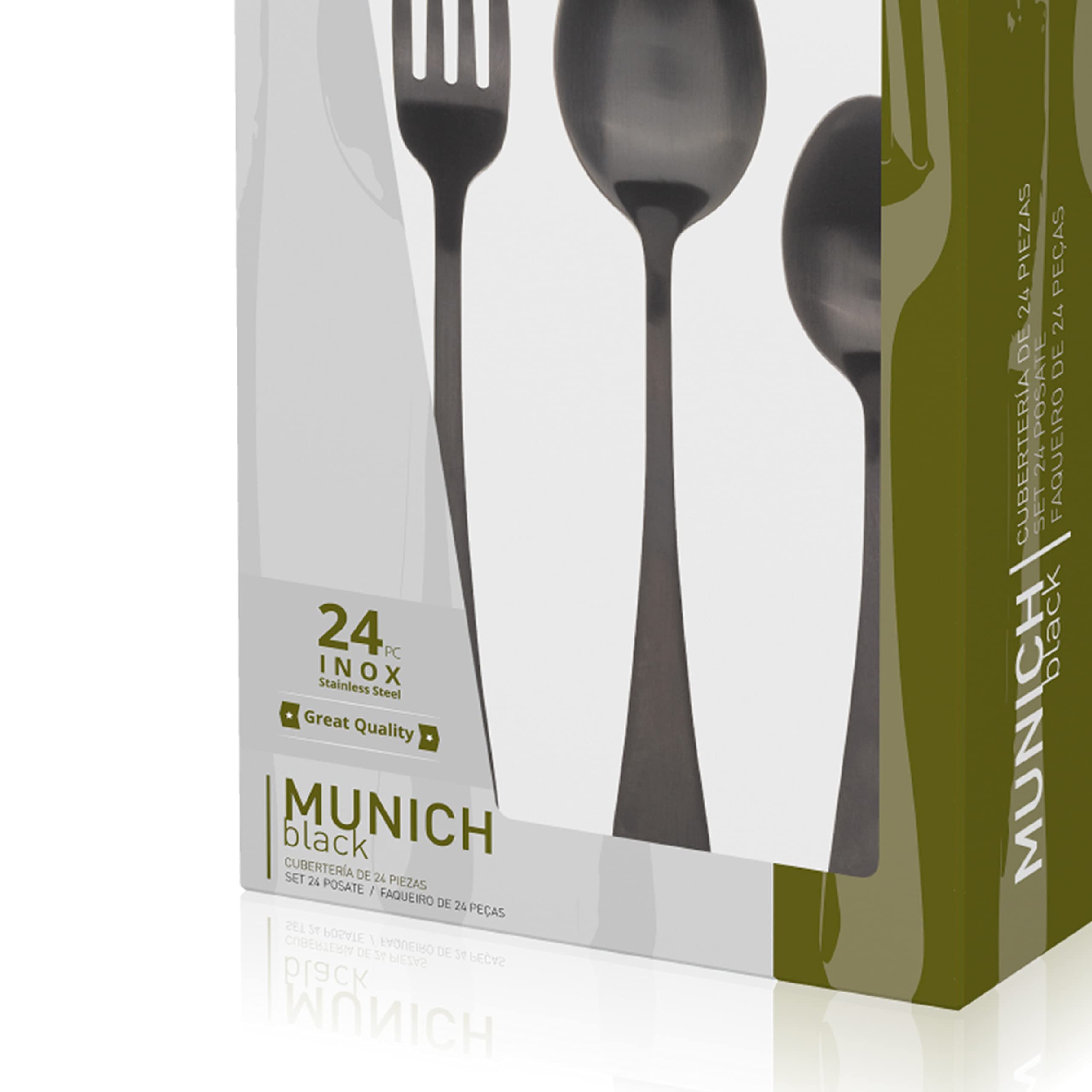 BERGNER Munich - Set de cubiertos de 24 piezas, 6 cuchillos, 6 tenedores, 6 cucharas y 6 cucharillas, Acero Inoxidable 18/10, diseño vanguardista y moderno, Apto lavavajillas, Negro Mate