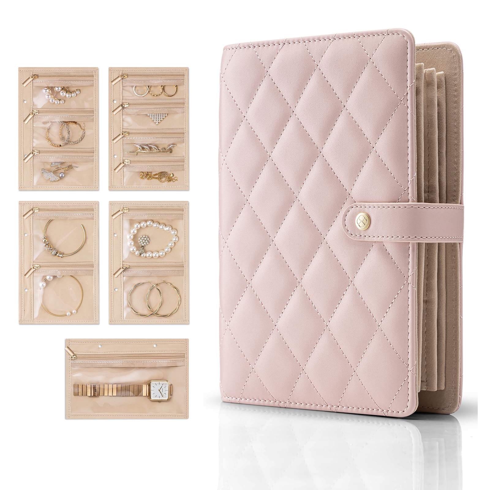 Livre de bijoux de voyage Vlando en cuir rose pour organiser vos escales sans nœuds