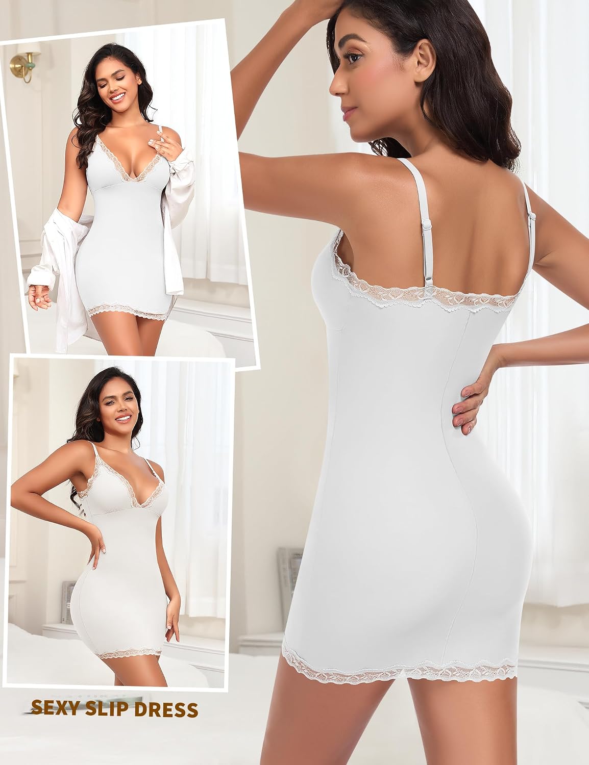 Full Slip for Women Under Dress Slim Slip Dress Adjustable Straps Nightgown V Neck Sleepwear Cami Mini Dress