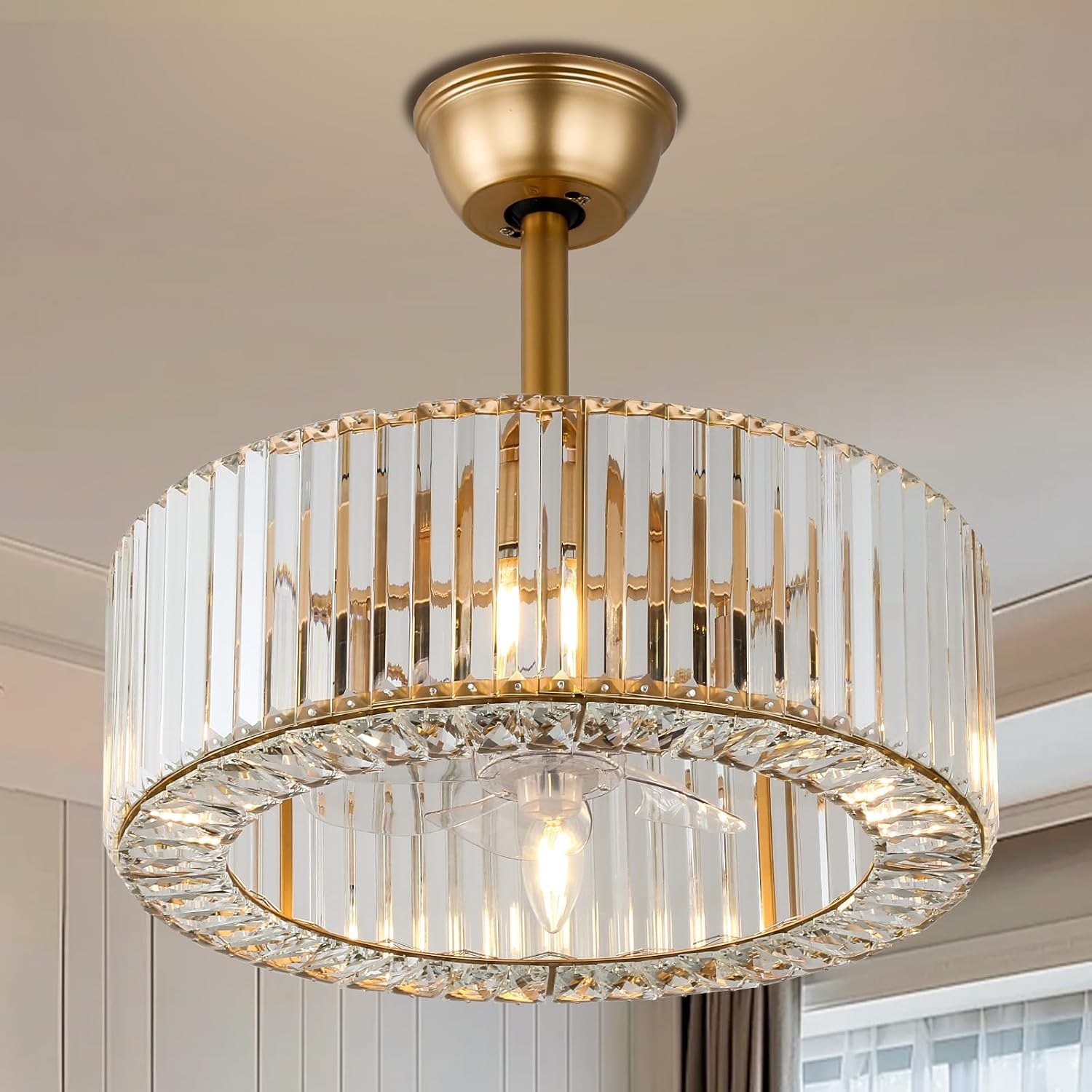 FRIXCHUR Modern Chandelier Ceiling Fan with Lights Crystal Fandeliers with Lights and Remote Gold Ceiling Fan for Living Room Dining Room Bedroom Kitchen,18 Inch, 3 Speed